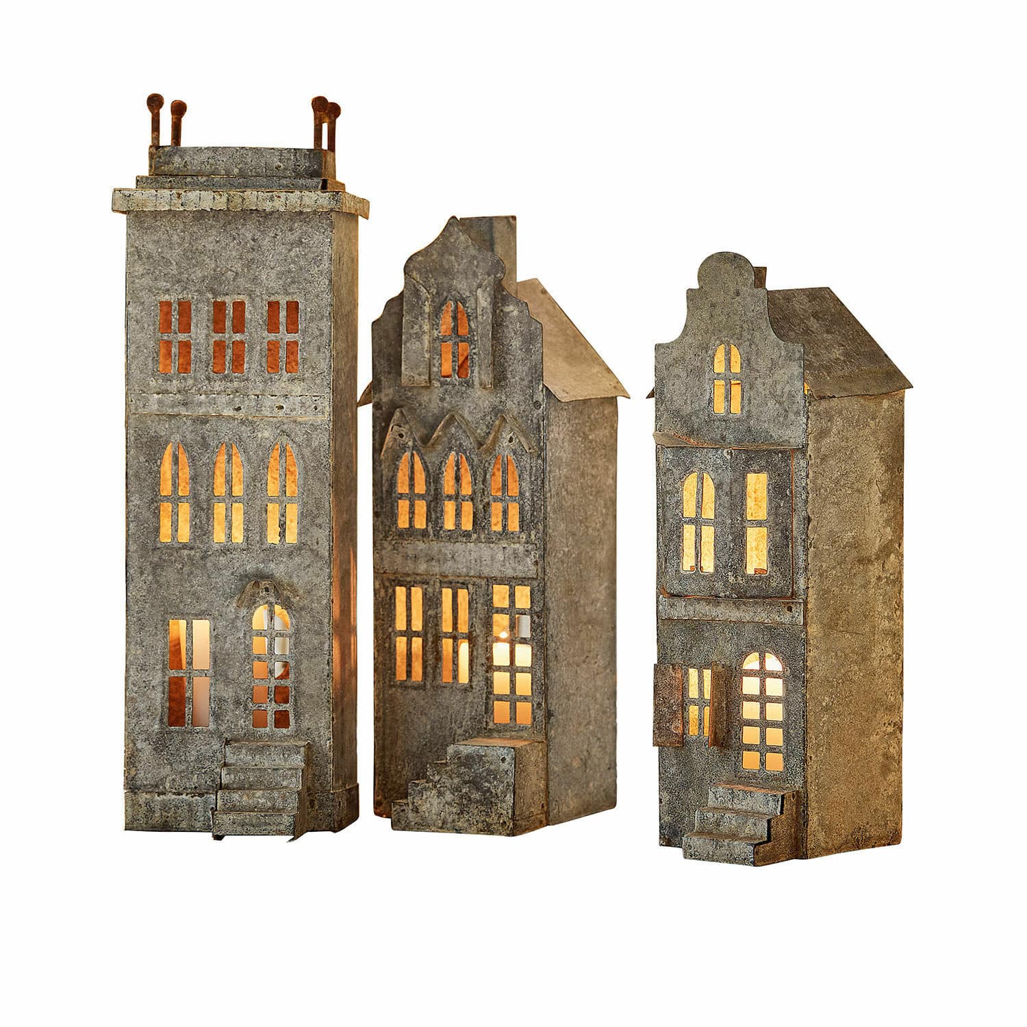 Windlicht 3er Set Middlewich Set mit drei Metalllaternen in Hausform mit warmem Licht, dekorative Wohnaccessoires