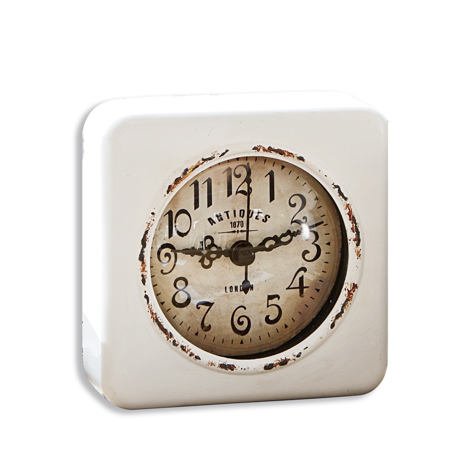 Uhr Gervase Vintage-Tischuhr mit weissem Metallgehäuse und gealtertem Zifferblatt mit arabischen Zahlen
