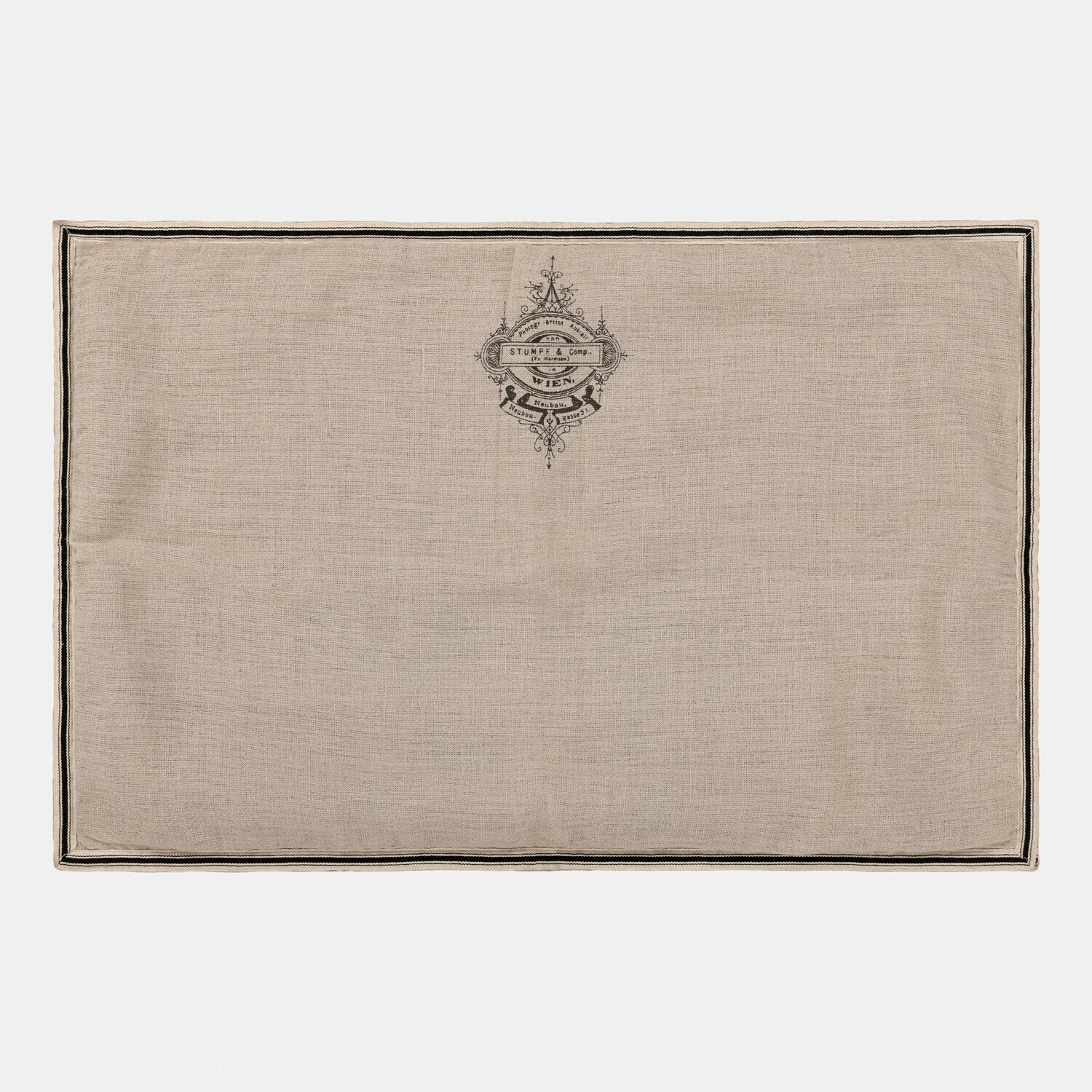 Badematte Rania Beige Leinentischdecke mit schwarzem Druck und Rand, rustikaler Stil für Tischdekoration