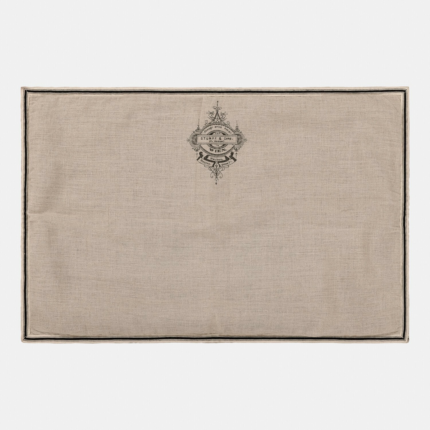 Badematte Rania Beige Leinentischdecke mit schwarzem Druck und Rand, rustikaler Stil für Tischdekoration