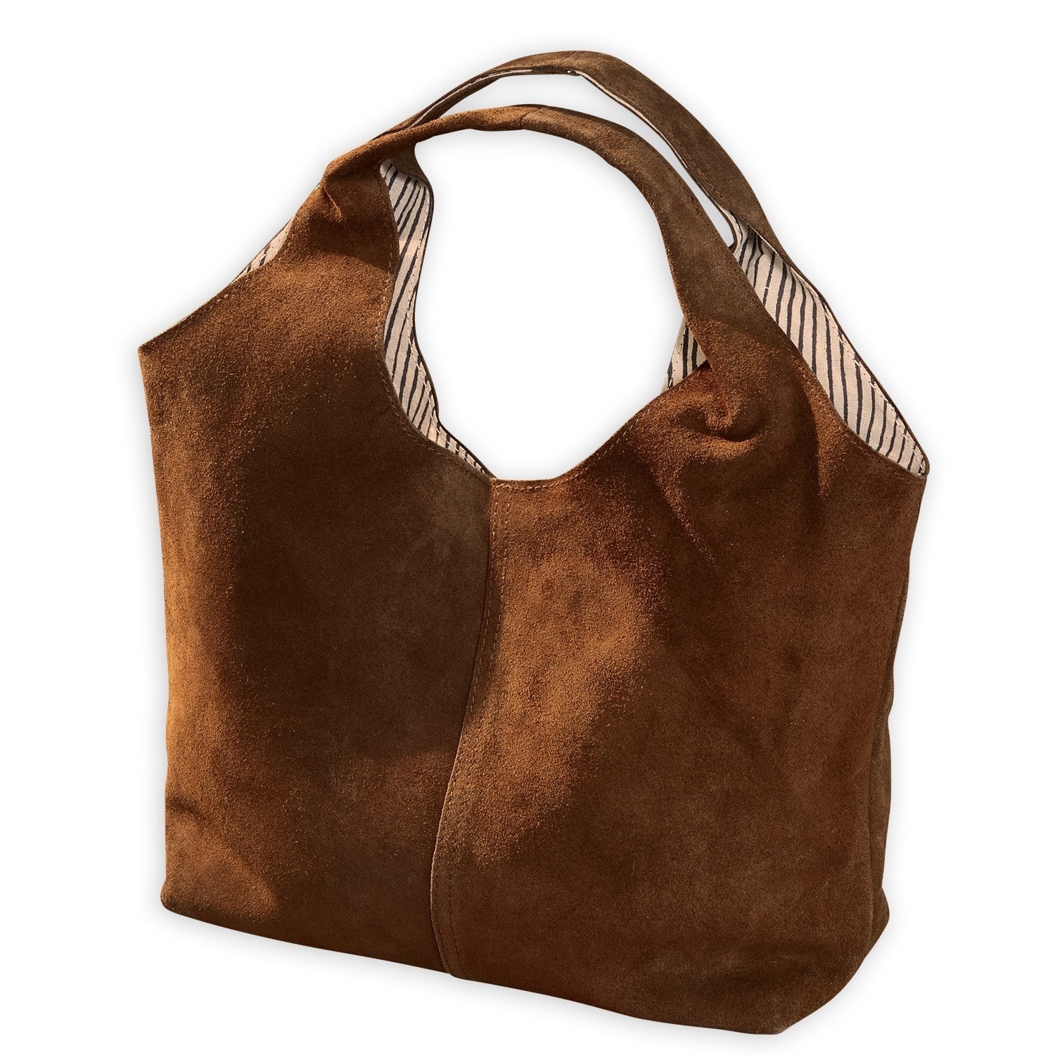 Tasche Georgine Braune Tasche aus weichem Veloursleder mit Henkel und gestreiftem Innenfutter, modisches Accessoire