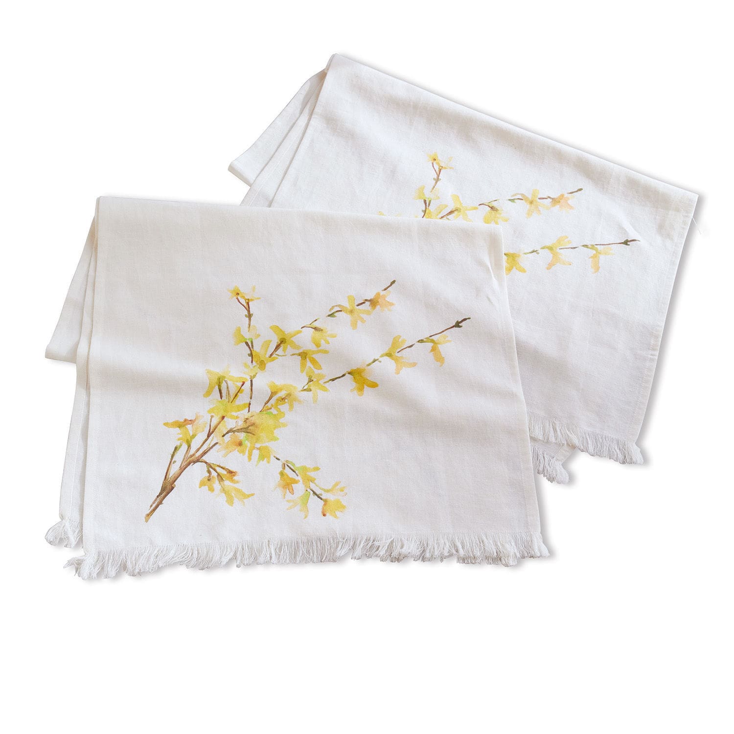 Weisse Leinenservietten mit gelbem Blumenmuster und Fransen, natürliche Tischdekoration
