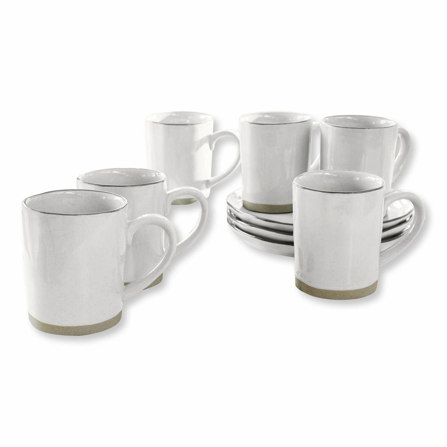 Tasse 6er Set Biarré Set aus sechs weissen Keramiktassen mit beigem Boden und passenden Untertassen für Kaffee