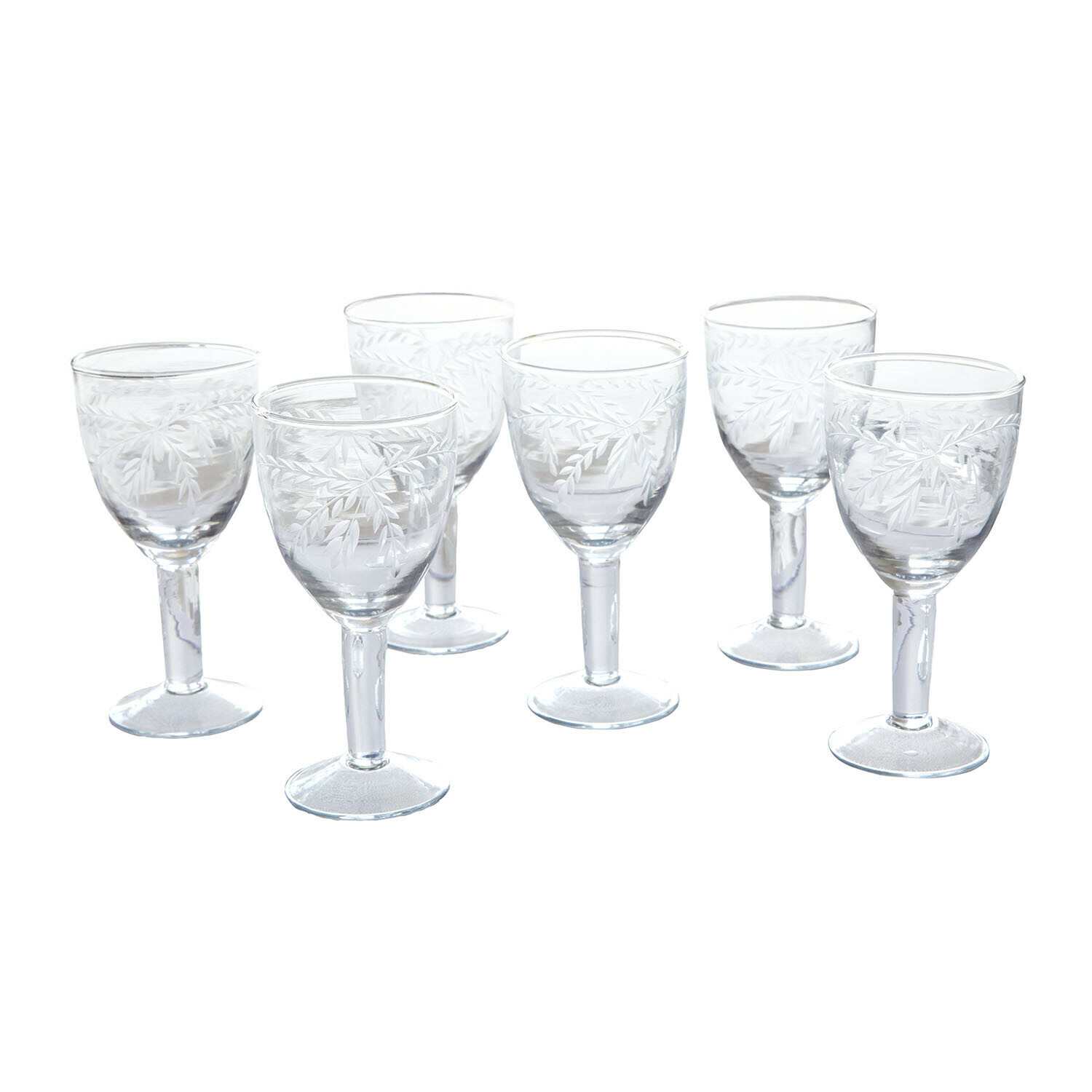 Glas 6er Set Florineau Set von sechs transparenten Gläsern mit graviertem Blattmuster für Getränke