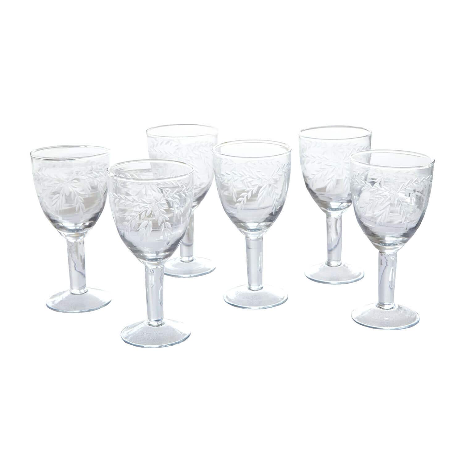 Glas 6er Set Florineau Set von sechs transparenten Gläsern mit graviertem Blattmuster für Getränke