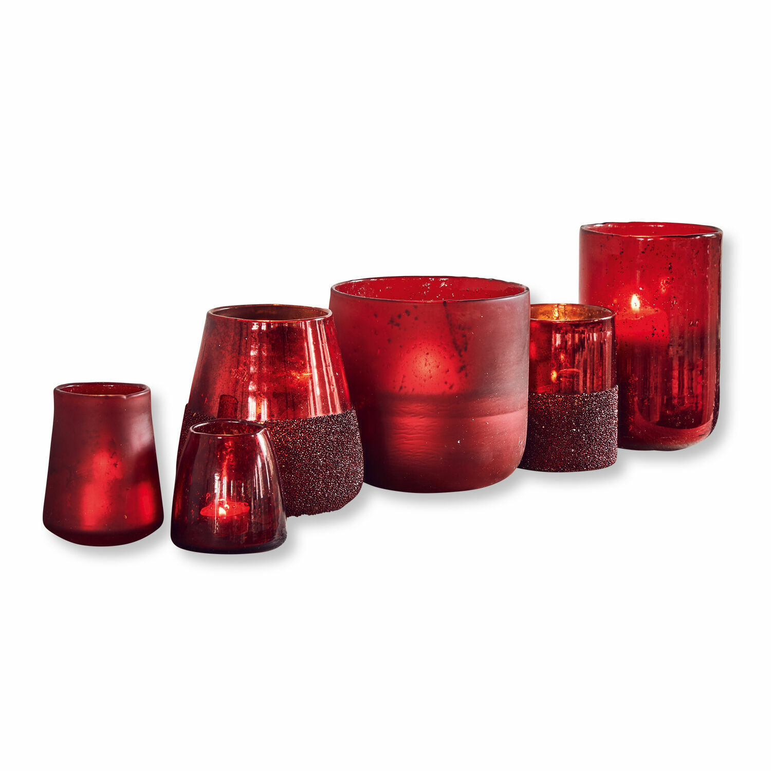 Windlicht 6er Set Paro Set aus roten Glas-Teelichthaltern in verschiedenen Formen und Strukturen zur Wohnraumdekoration