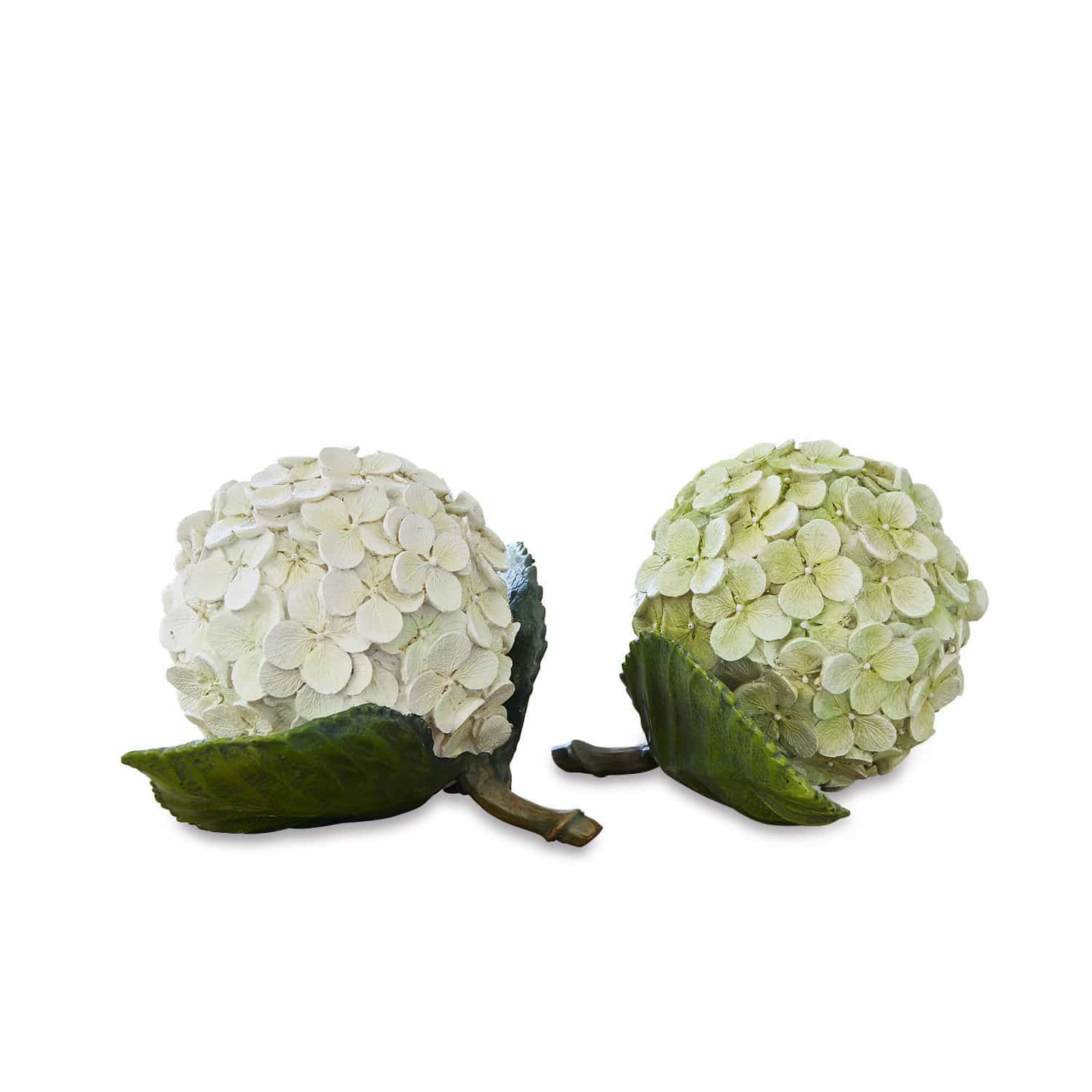Dekoblume 2er Set Hortensie Dekorative Blumenbälle in Weiss- und Grüntönen mit Blättern, stilvolle Wohnraumdekoration