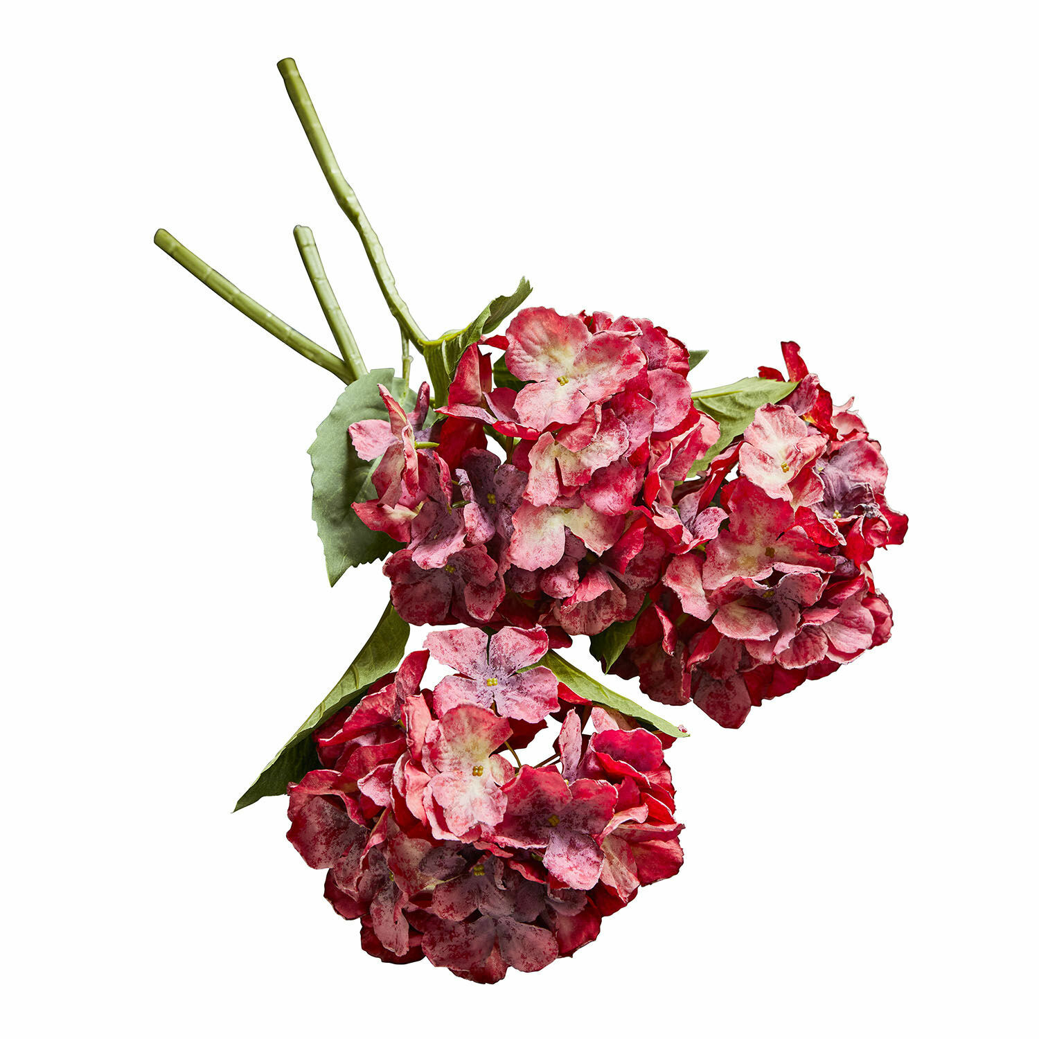 Deko-Blume 3er Set Virette Kunsthortensienstrauss in Rot-Rosa mit grünen Blättern zur Wohnraumdekoration