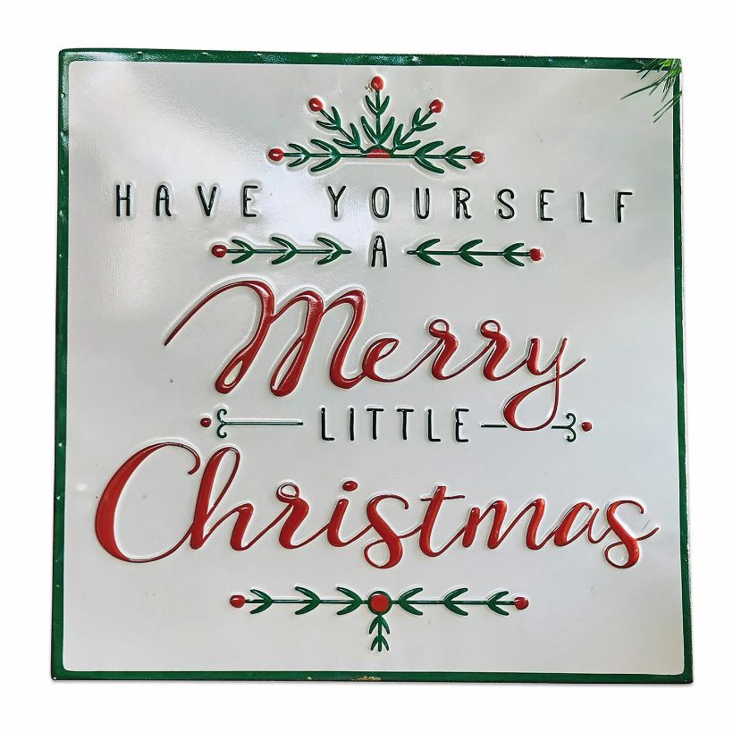 Weisse Metalltafel mit Weihnachtsaufschrift „Merry Christmas“ sowie grünen und roten Verzierungen