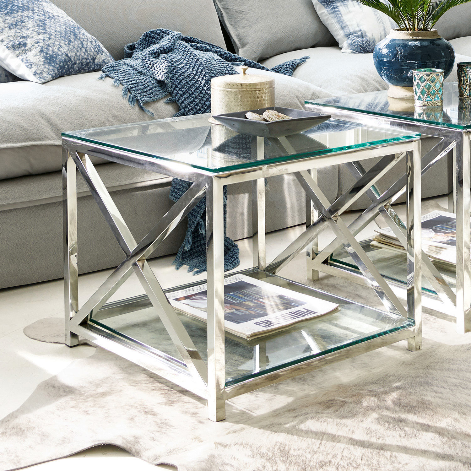 Beistelltisch Stamford Moderner Couchtisch aus Glas und verchromtem Stahl in Silber für stilvolles Wohnzimmer