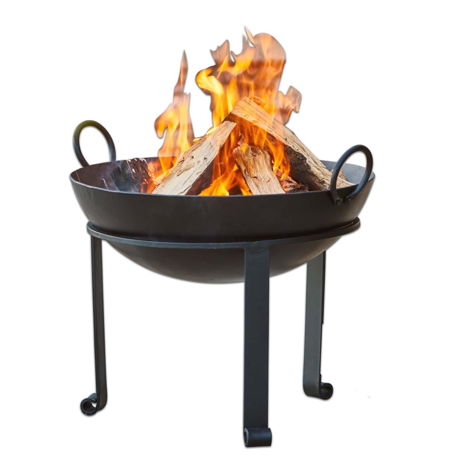 Feuerschale Harrogate Schwarzer Metall-Feuerkorb mit drei Beinen, brennendem Holz und Flammen für den Garten