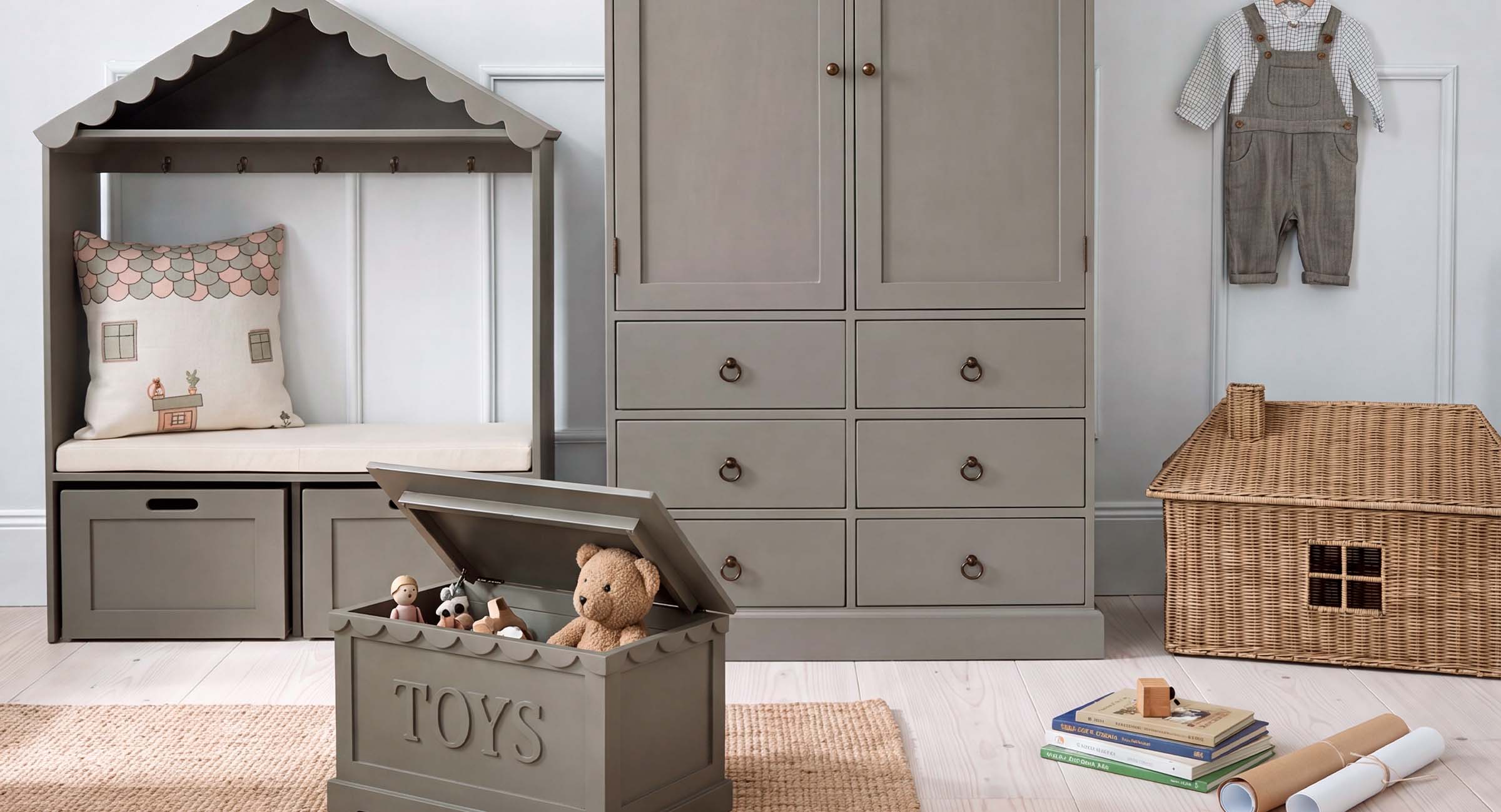 Grauer Holzschrank und Spielzeugkiste mit Plüschtieren in einem Kinderzimmer in sanften Farbtönen