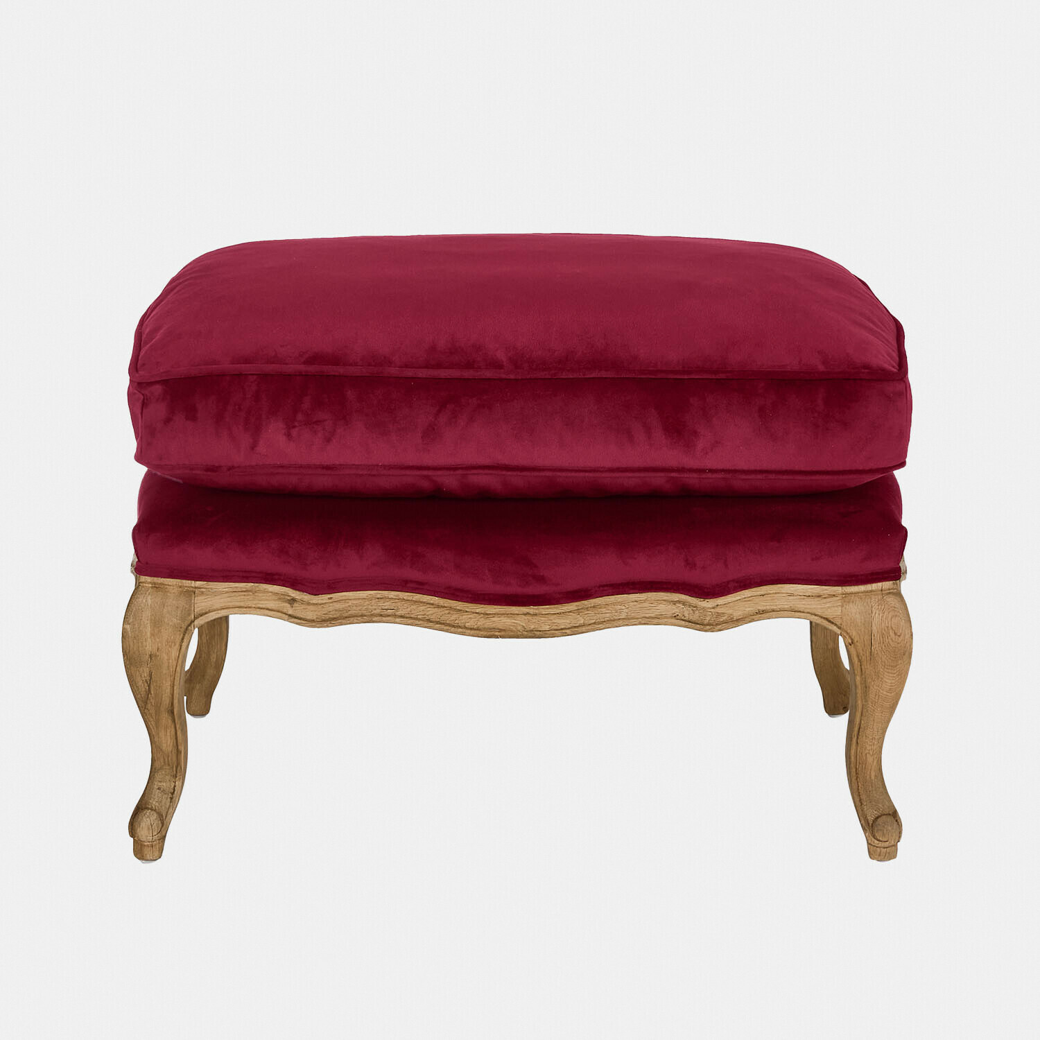 Hocker Corlay mit bordeauxrotem Samt und braunem Holzgestell, elegantes Wohnzimmermöbel