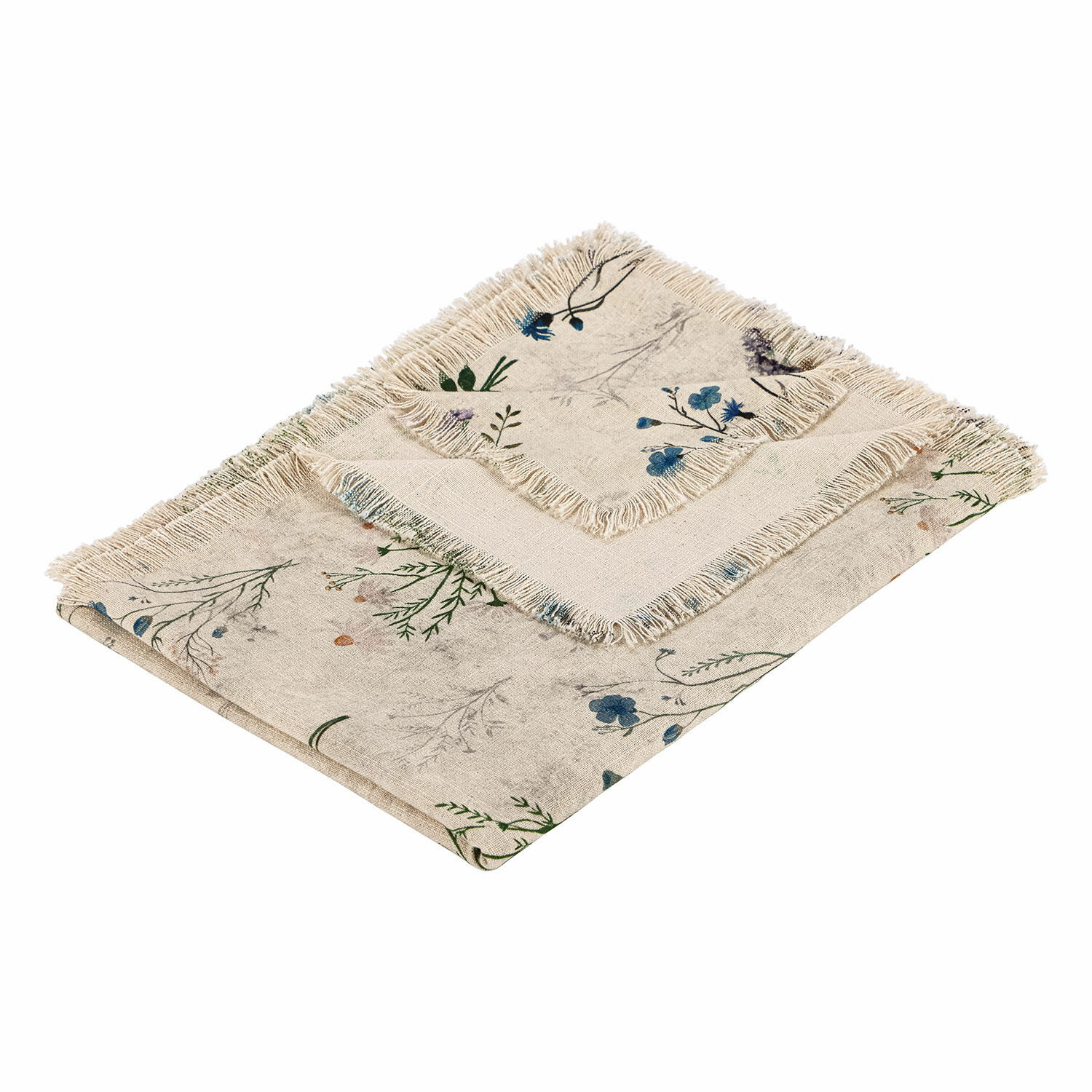Plaid Cabinda Set aus Leinenservietten in Naturfarbe mit floralem Druck und Fransen, Tischdekoration