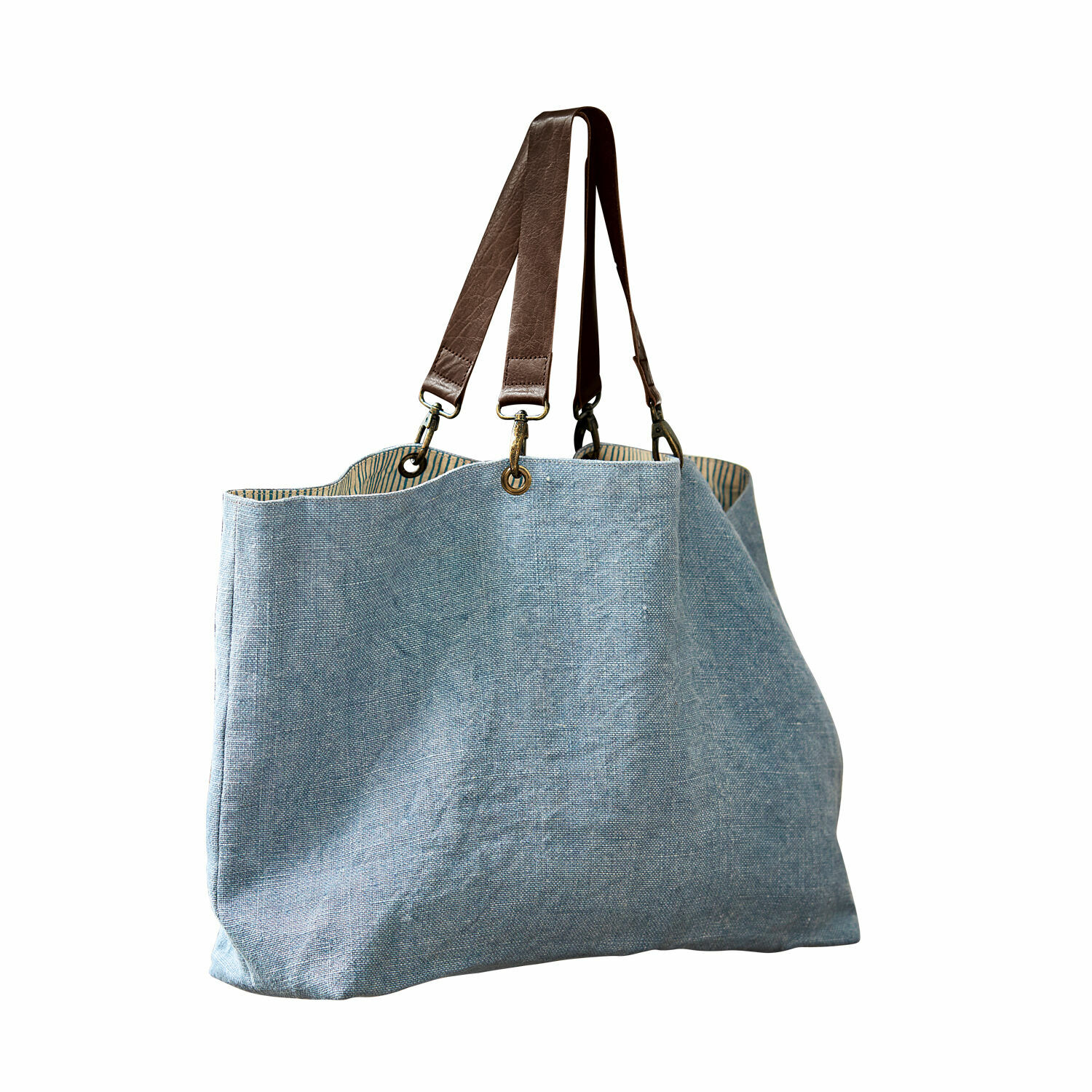 Tasche Bente Grosse Tasche aus hellblauem Leinen mit braunen Ledergriffen, praktische Einkaufstasche