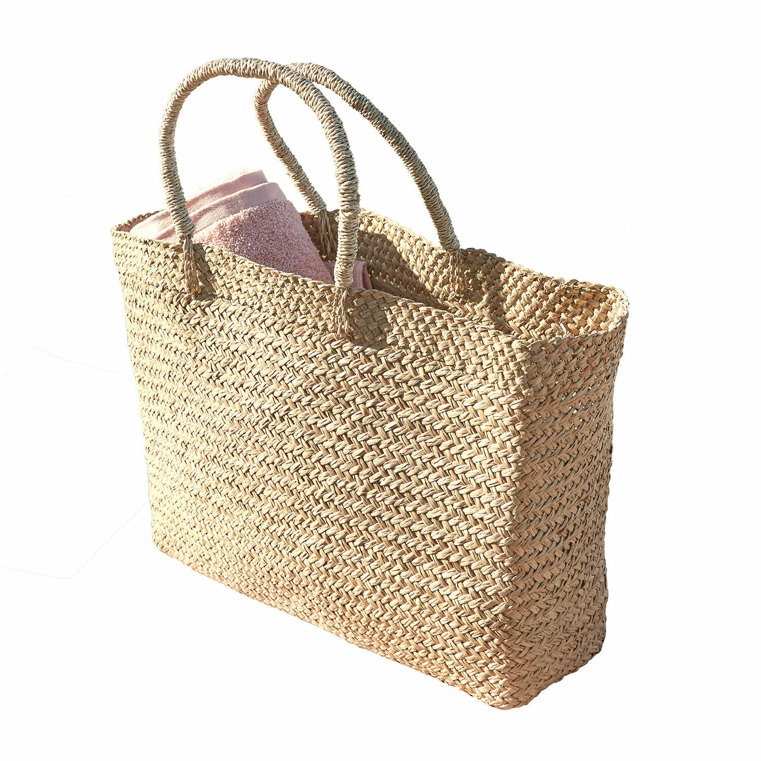 Tasche Ventresque Natürlich geflochtene Tasche aus Seegras mit rosa Handtuch, ideal für Strand und Einkäufe