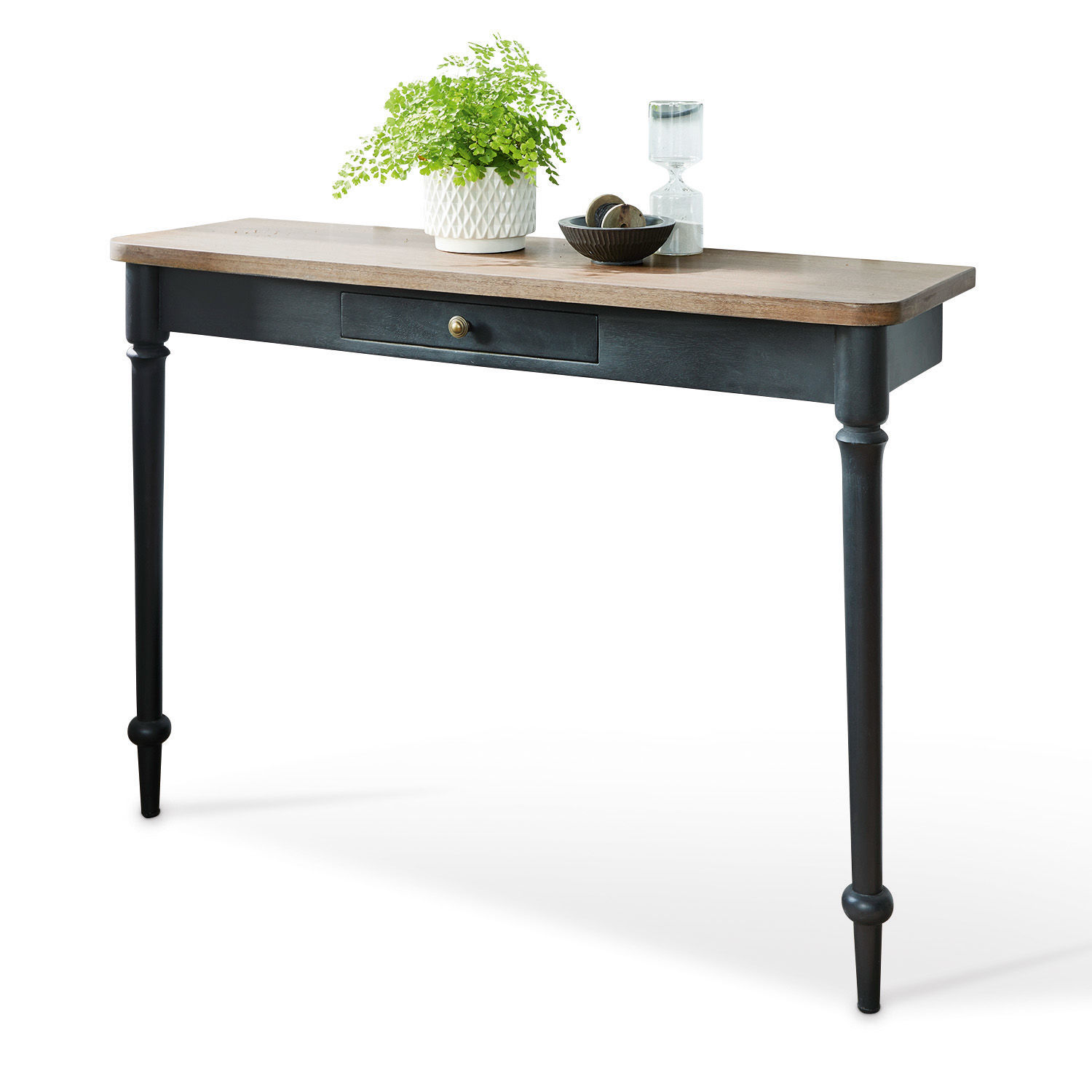 Konsole Jarobrod Schwarze Holzkonsole mit heller Holzplatte und Schublade, Vintage-Stil für das Wohnzimmer