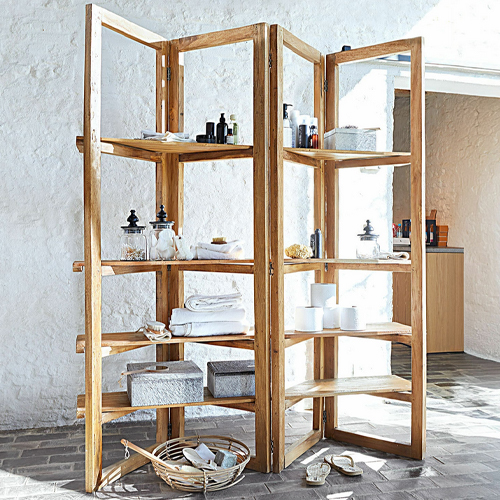 Dreiteiliger Regalraumteiler aus naturfarbenem Akazienholz, ideal zur Aufbewahrung im Badezimmer oder Wohnzimmer.