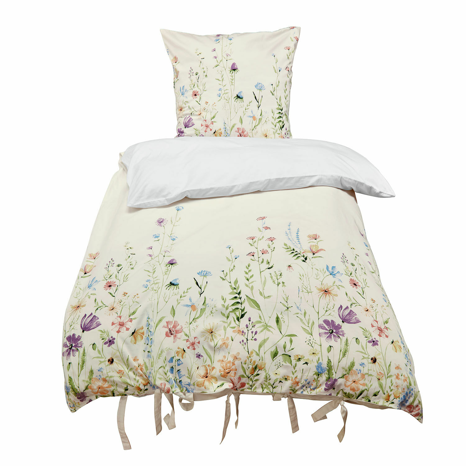 Bettwäsche Quervaux Bettwäsche aus Baumwolle in Creme mit buntem Blumenmuster und Bindebändern am unteren Rand