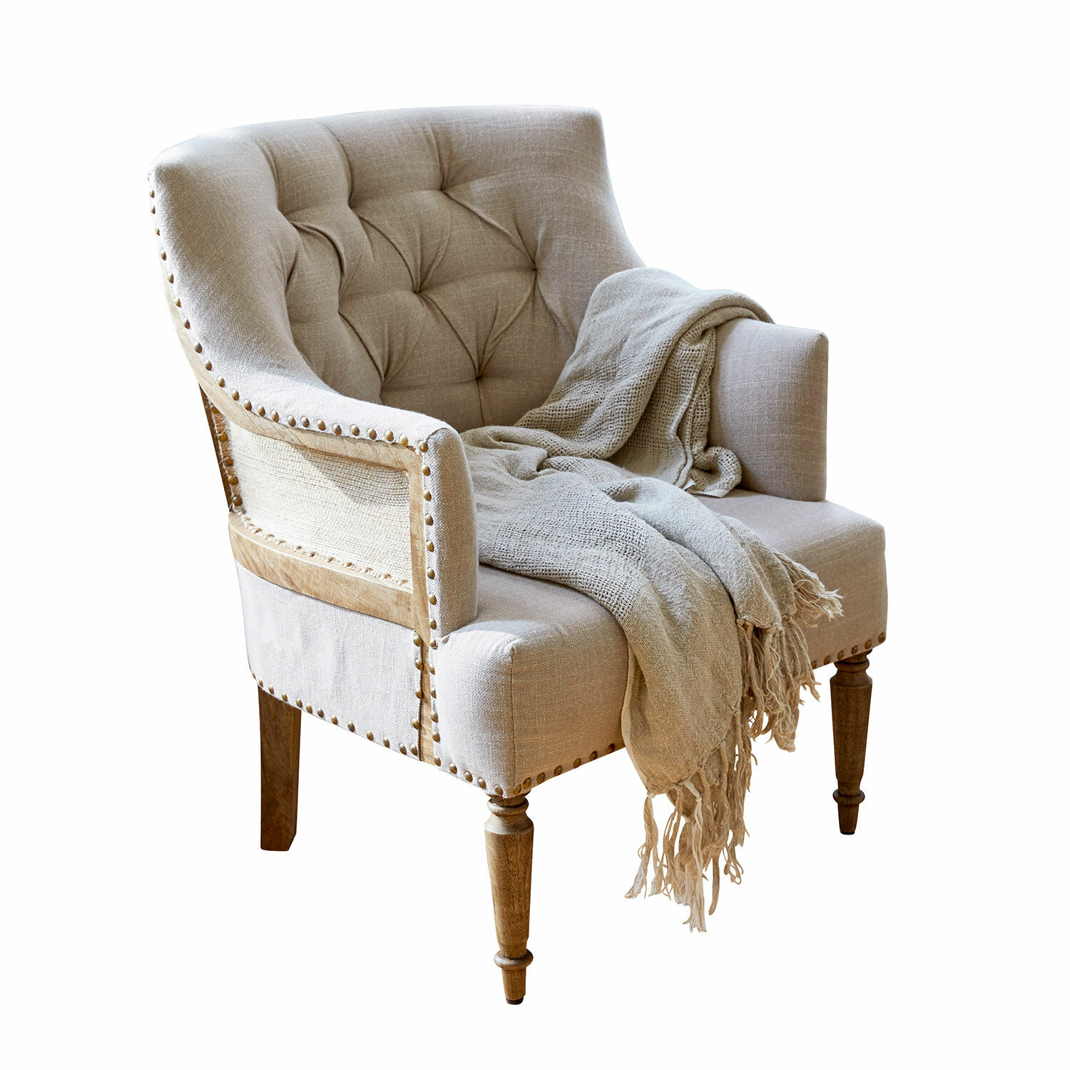 Sessel Bebington Beiger Polsterstuhl mit Holzbeinen und weichem Plaid, Vintage-Stil für ein gemütliches Wohnzimmer