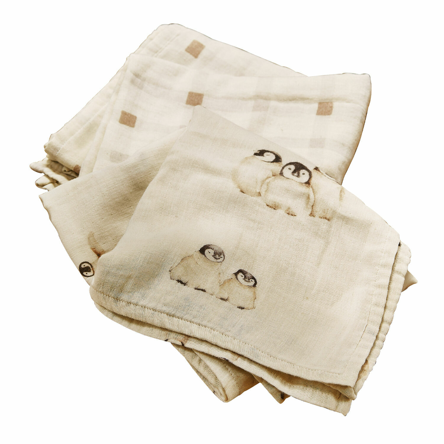 Babytuch 2er Set Jocienne Weiche Baumwolldecke in Creme mit Pinguinmotiv, kuschelig und angenehm für Babys