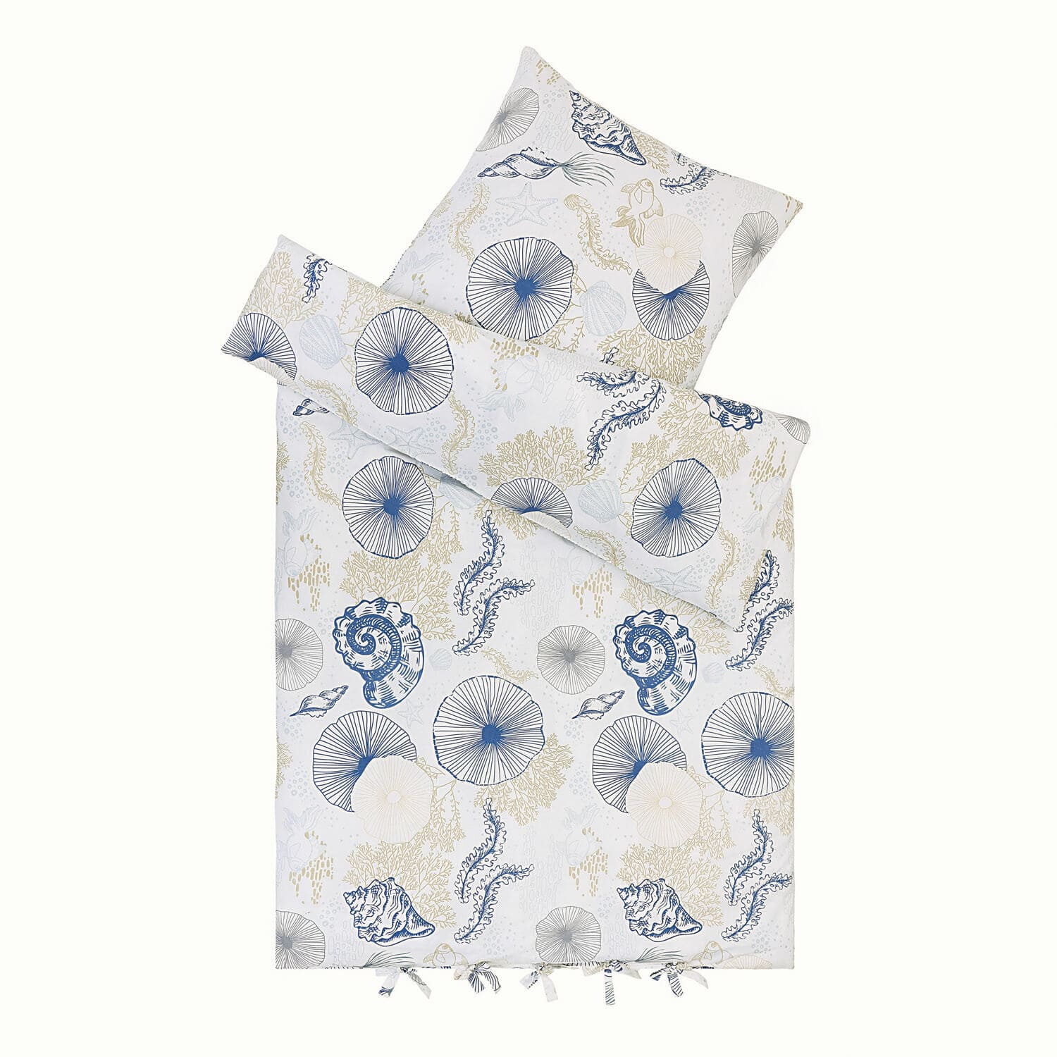 Bettwäsche Dewey Bettwäsche aus Baumwolle mit Muschel- und Meerespflanzenmuster in Blau- und Beigetönen