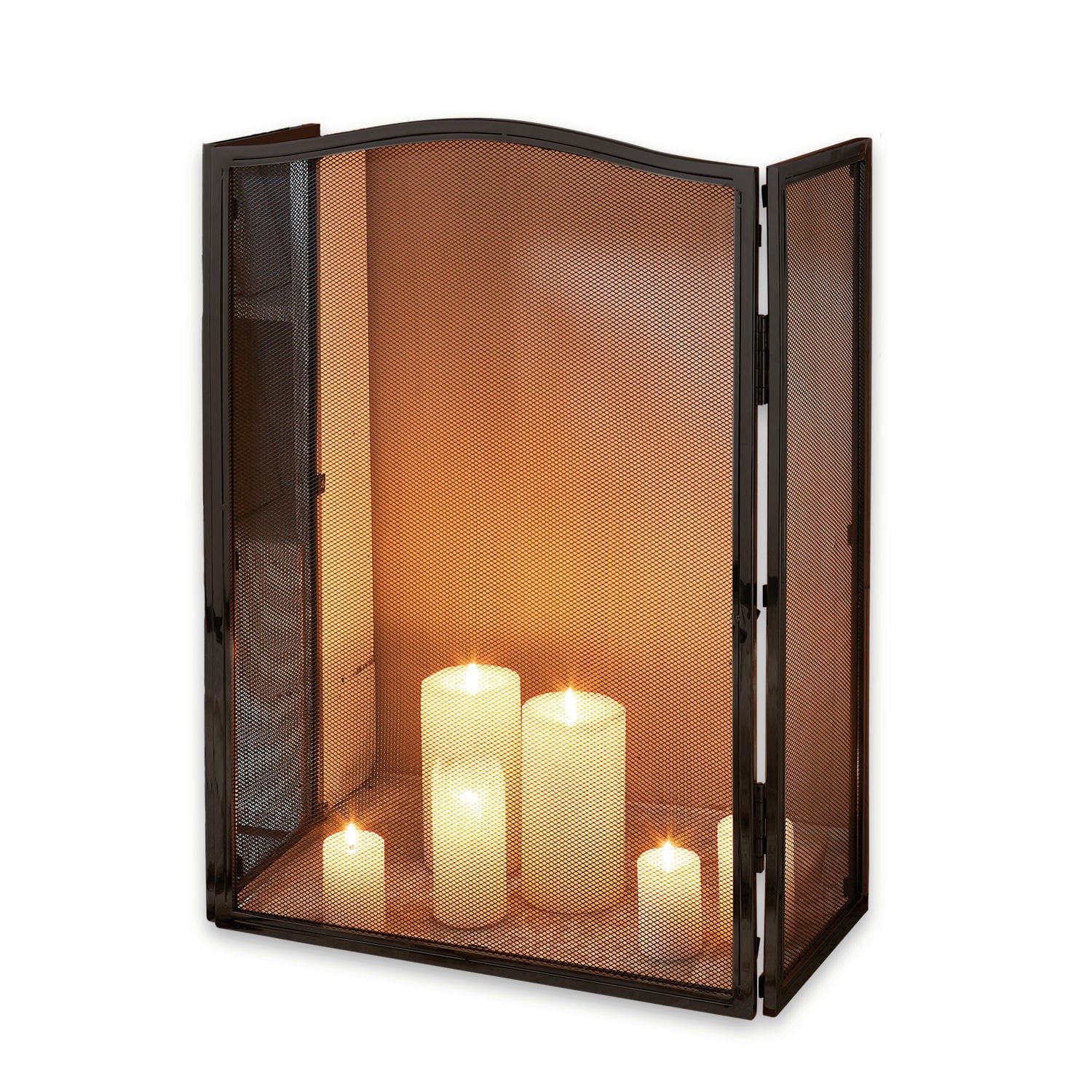 Schwarzer Kaminfeuerschutz Lennon aus Metall mit Maschendraht, Schutz und Dekoration mit Kerzen