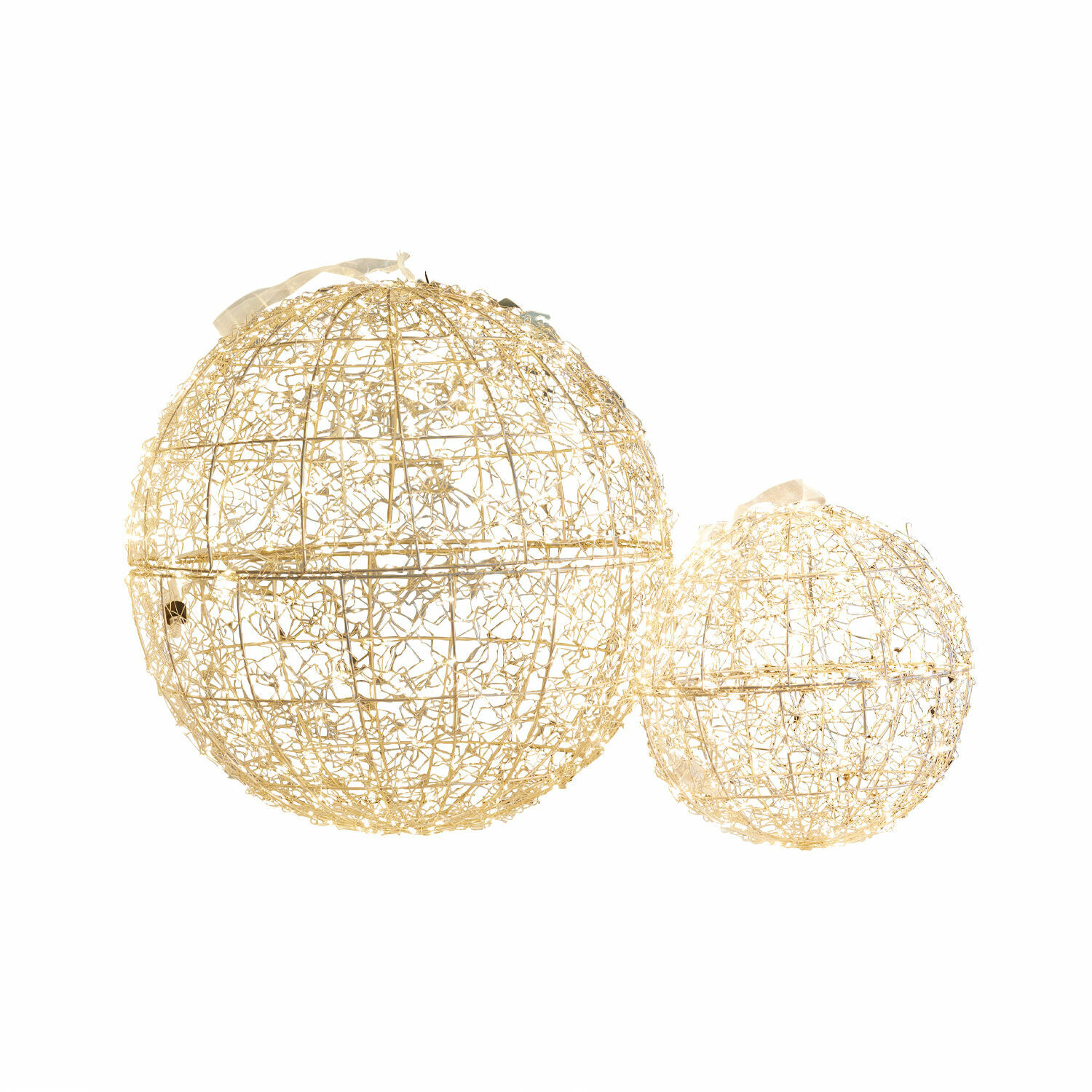 LED-Kugel 2er Set Ambertin Zwei dekorative goldfarbene Drahtkugeln mit Beleuchtung, ideal für die Innendekoration und Lichtakzente.