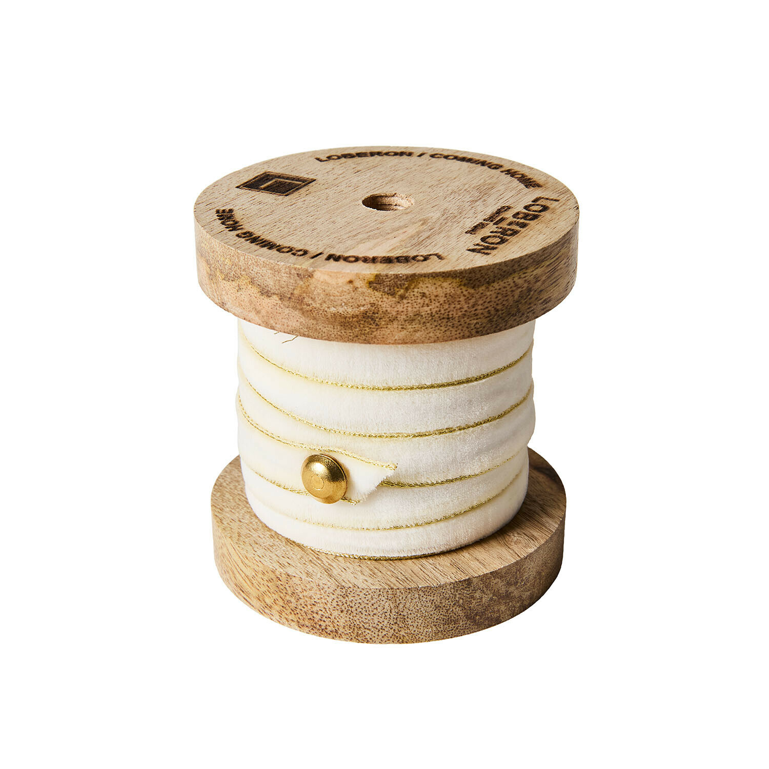 creme/gold Cremefarbenes Samtband mit goldenem Rand auf Holzspule für Dekoration und Basteln