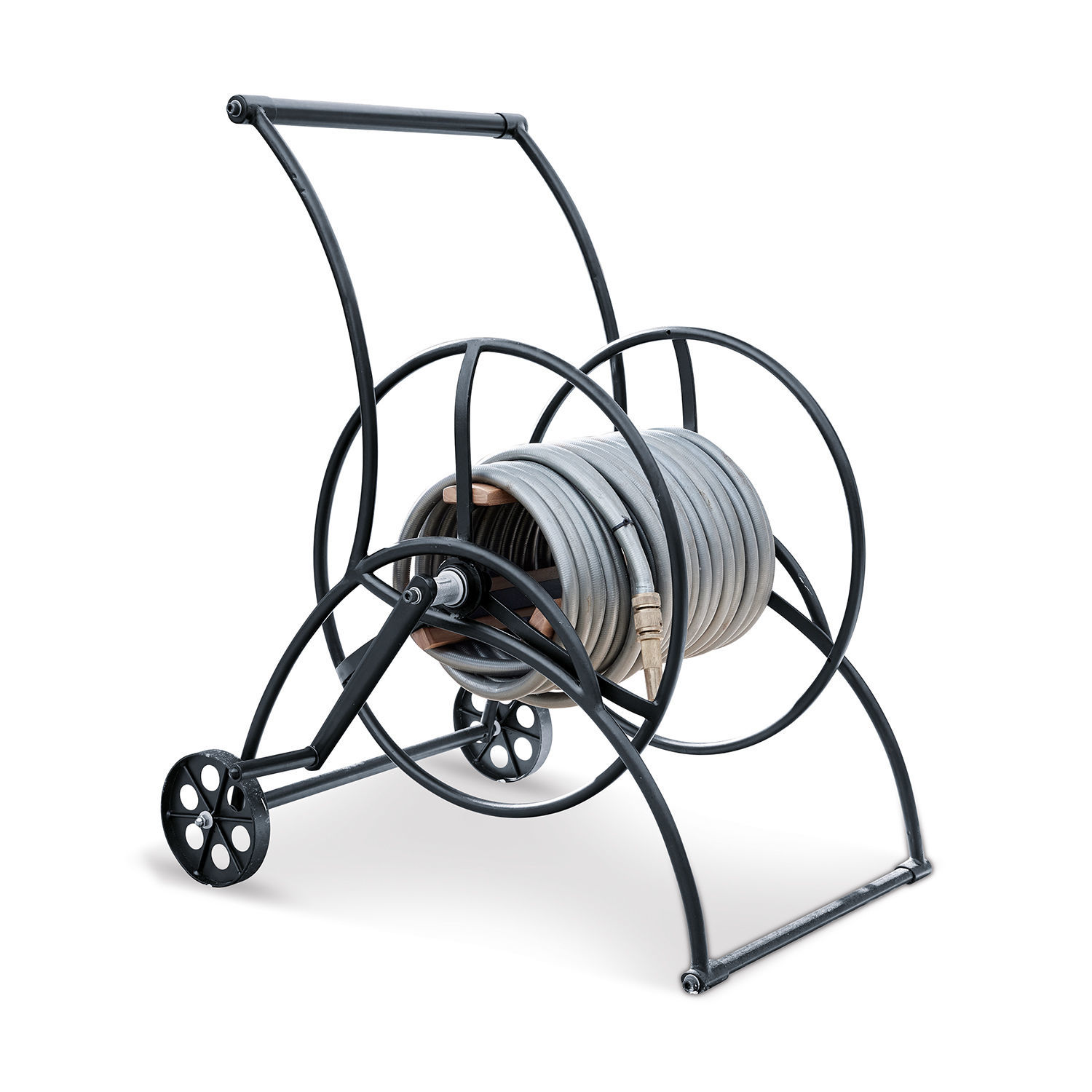 Schlauchwagen Middleby Schwarzer Metallschlauchwagen mit grauem Gartenschlauch zum einfachen Bewässern