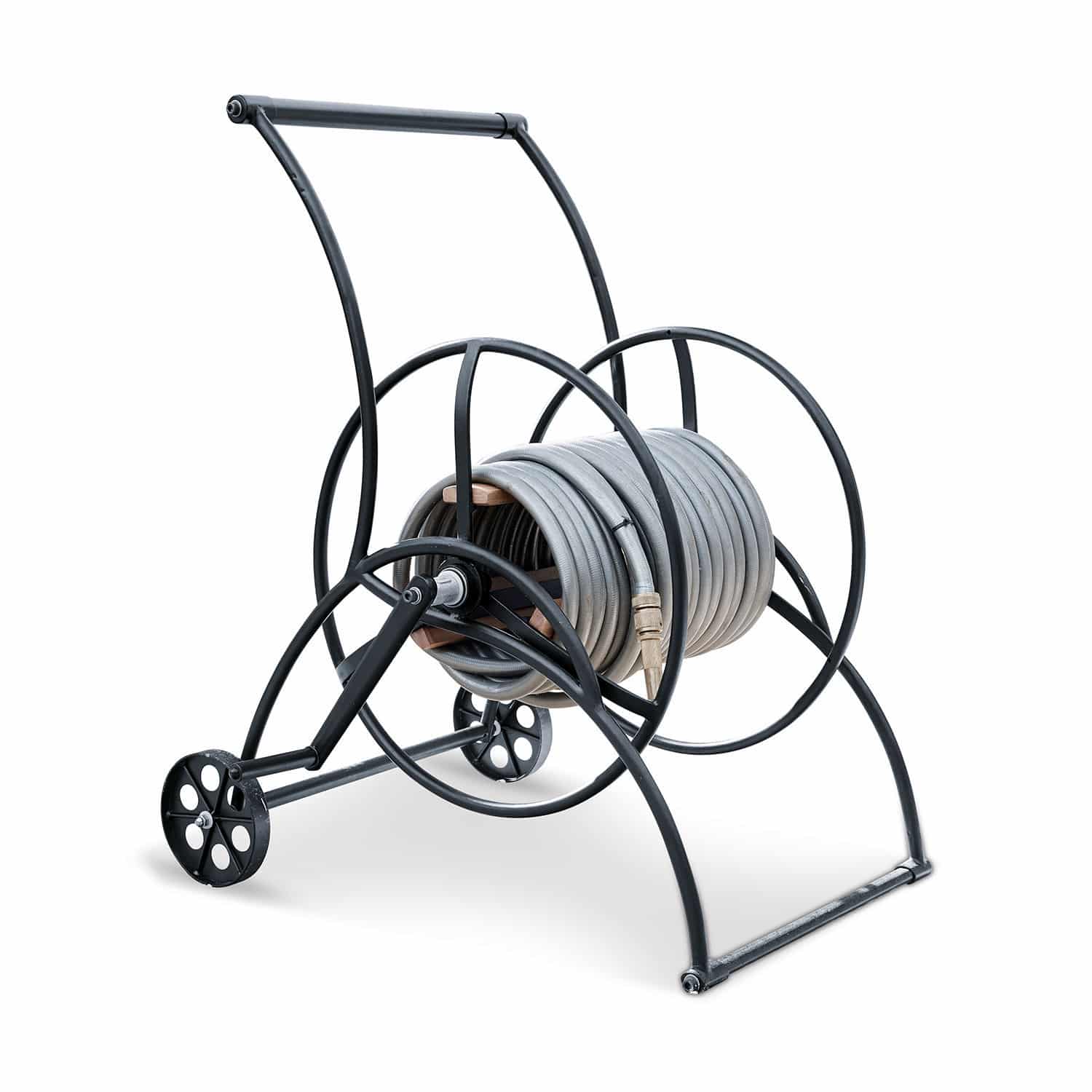 Schlauchwagen Middleby Schwarzer Metallschlauchwagen mit grauem Gartenschlauch zum einfachen Bewässern