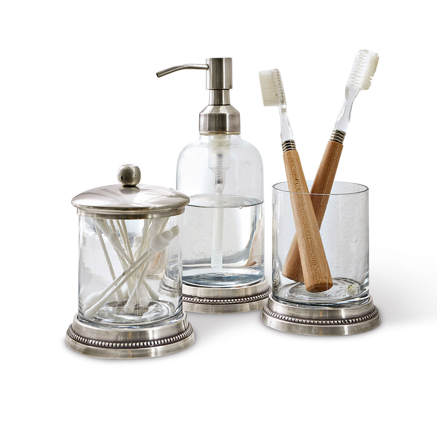 Bad-Set Drinapoly Badezimmer-Set aus Glas und Metall mit Seifenspender, Wattestäbchenbehälter und Zahnputzbecher