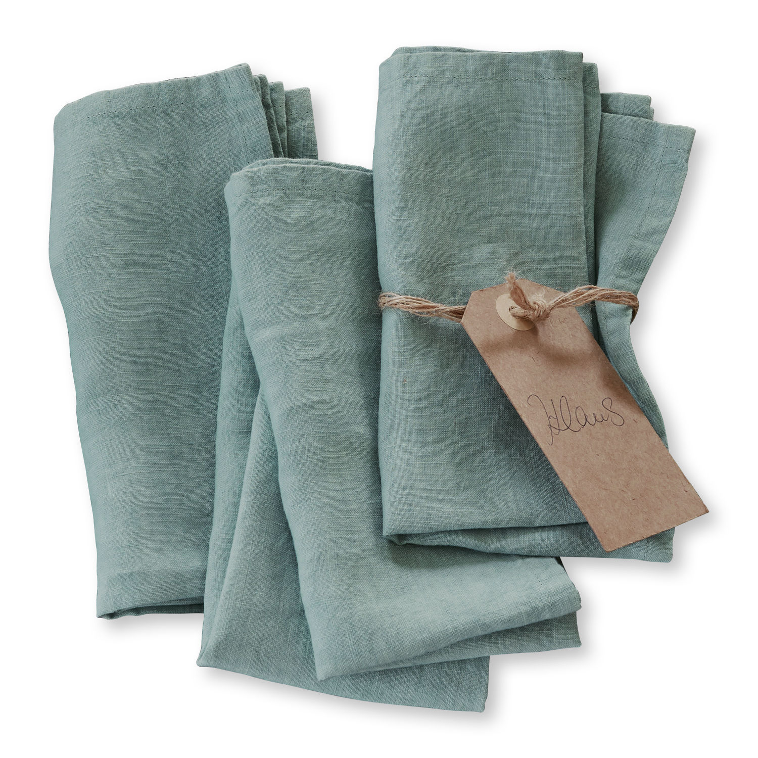 Serviette 4er Set Ghis Set aus grünen Leinenservietten mit Etikett, Tischdekoration, Heimtextilien