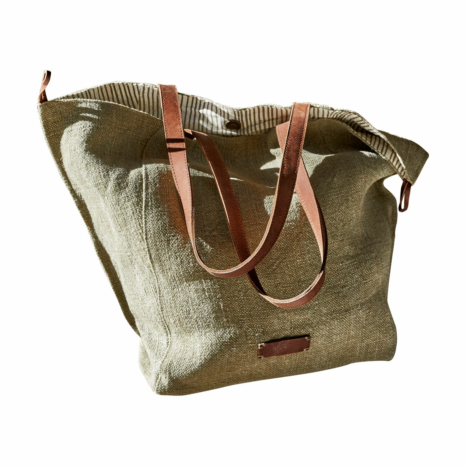 Tasche Soleil Beige Leinentasche mit braunen Ledergriffen und Schulterriemen, stylische Einkaufstasche