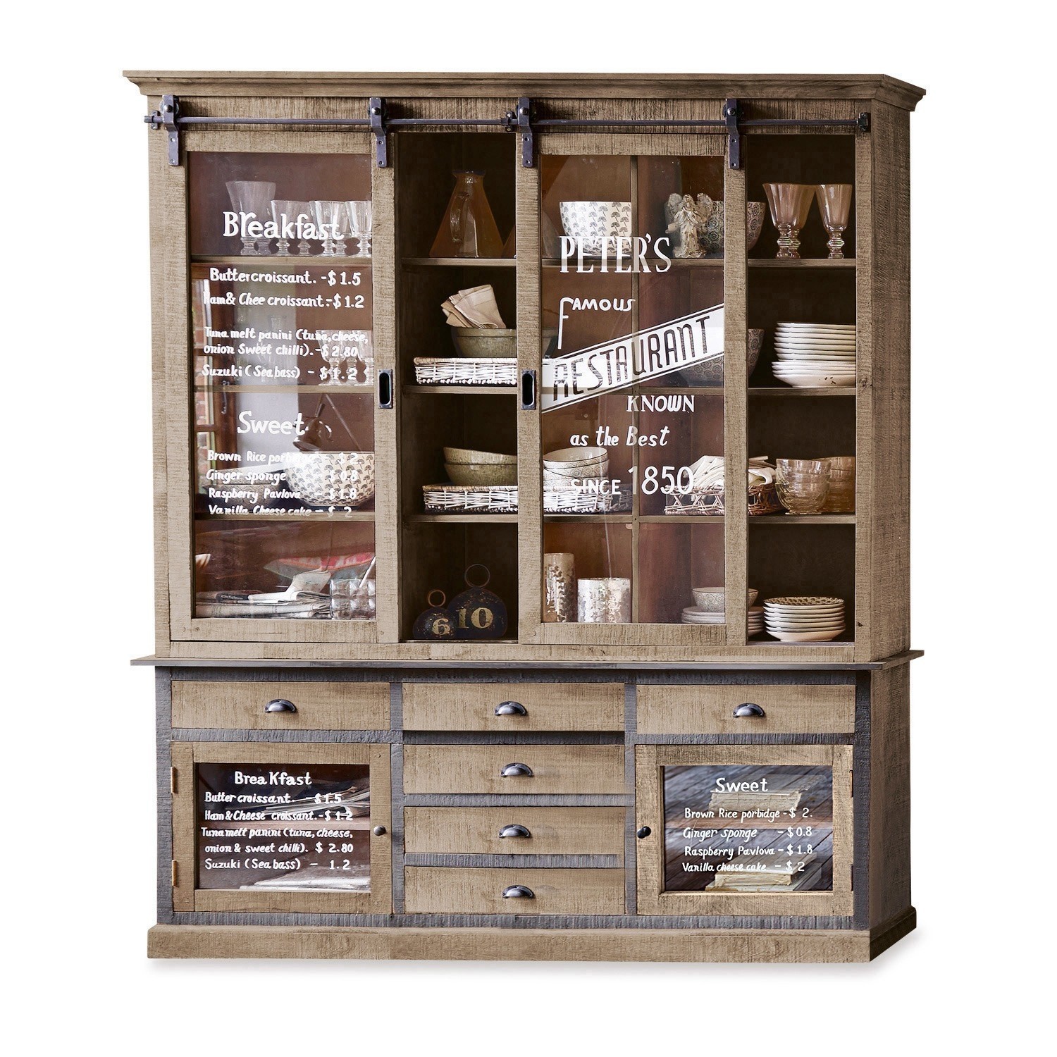 Schrank Peter´s Grosser Holzvitrinenschrank mit Schiebetüren aus Glas und Regalen für Geschirr im Vintage-Stil