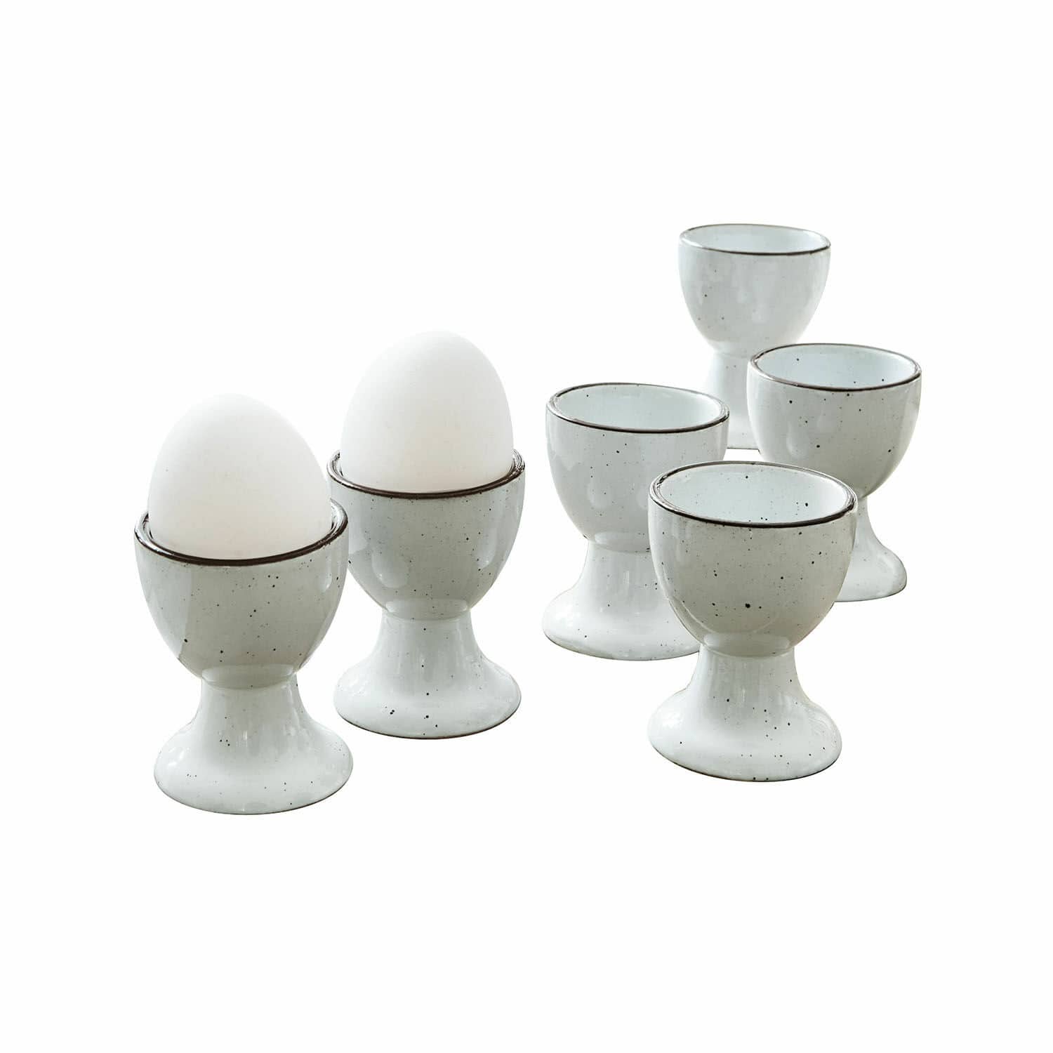 Eierbecher 6er Set Biarré Set aus sechs weissen Keramik-Eierbechern mit feiner schwarzer Sprenkelung und Rand