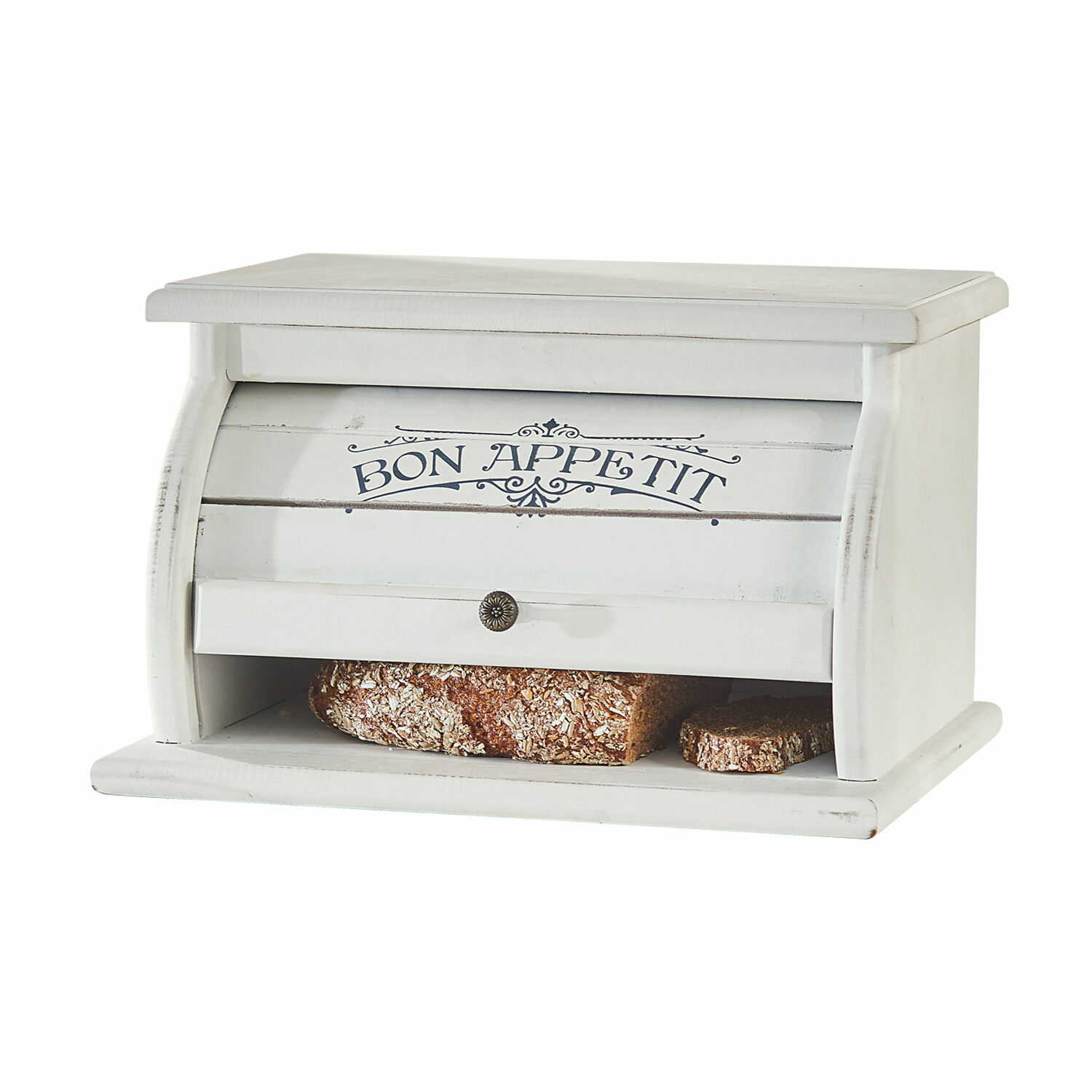 Brotbox Bon Appetit Weisser Brotkasten aus Holz mit der Aufschrift Bon Appetit und Stauraum für Brot im Landhausstil