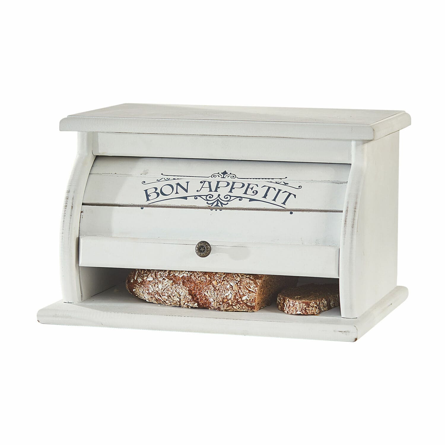Brotbox Bon Appetit Weisser Brotkasten aus Holz mit der Aufschrift Bon Appetit und Stauraum für Brot im Landhausstil
