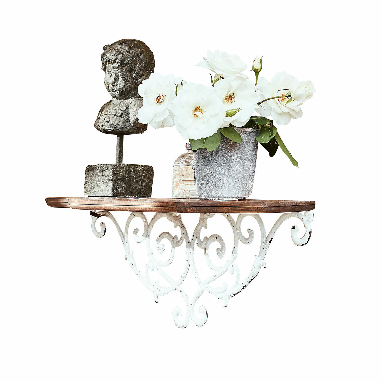Wandregal Rubén Rustikale Wandkonsole aus Holz und weissem Metall mit dekorativer Büste und Topf mit weissen Blumen