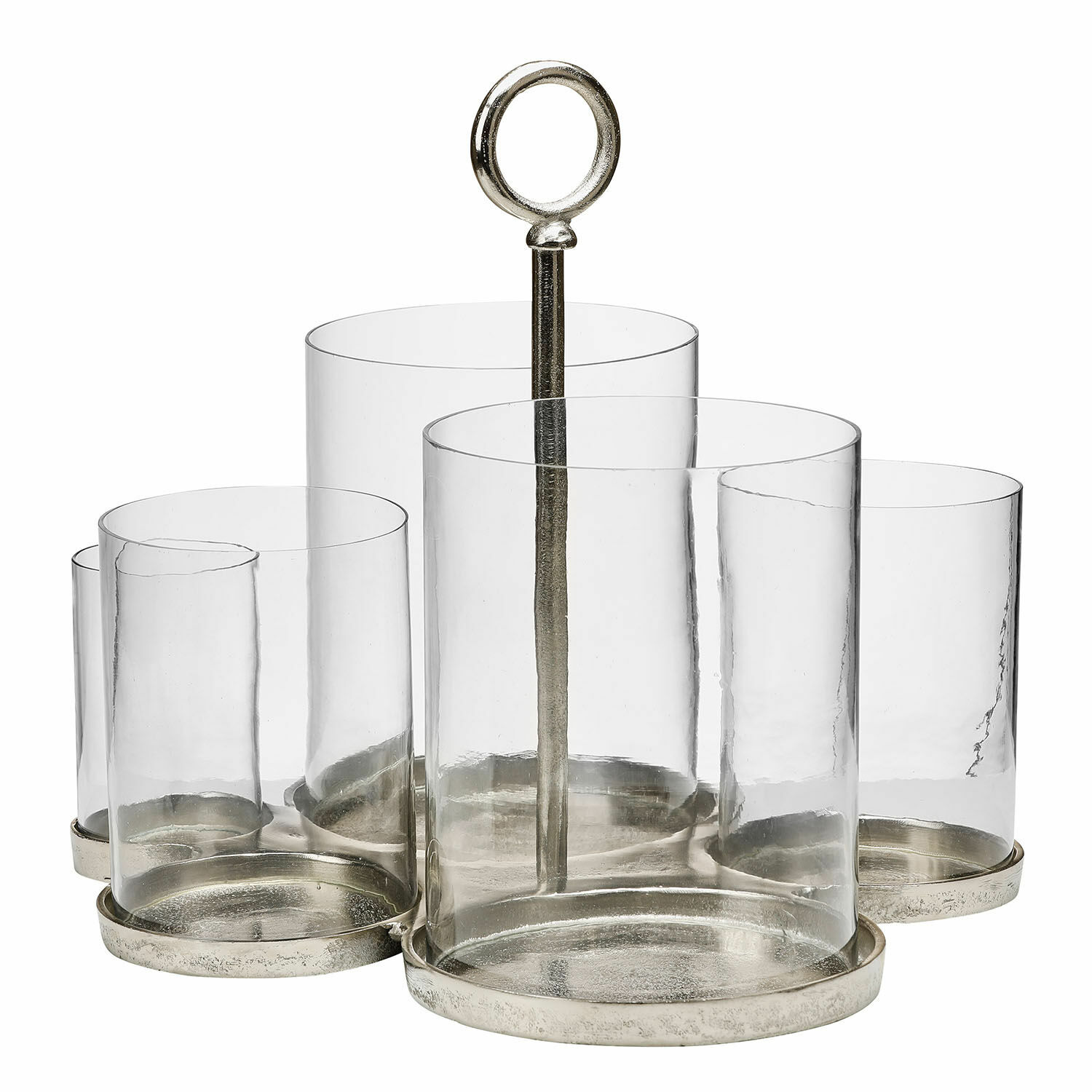 Klares Glas-Windlicht Gjaloran mit silberner Metallbasis und Griff, stilvolle Wohnraumdekoration