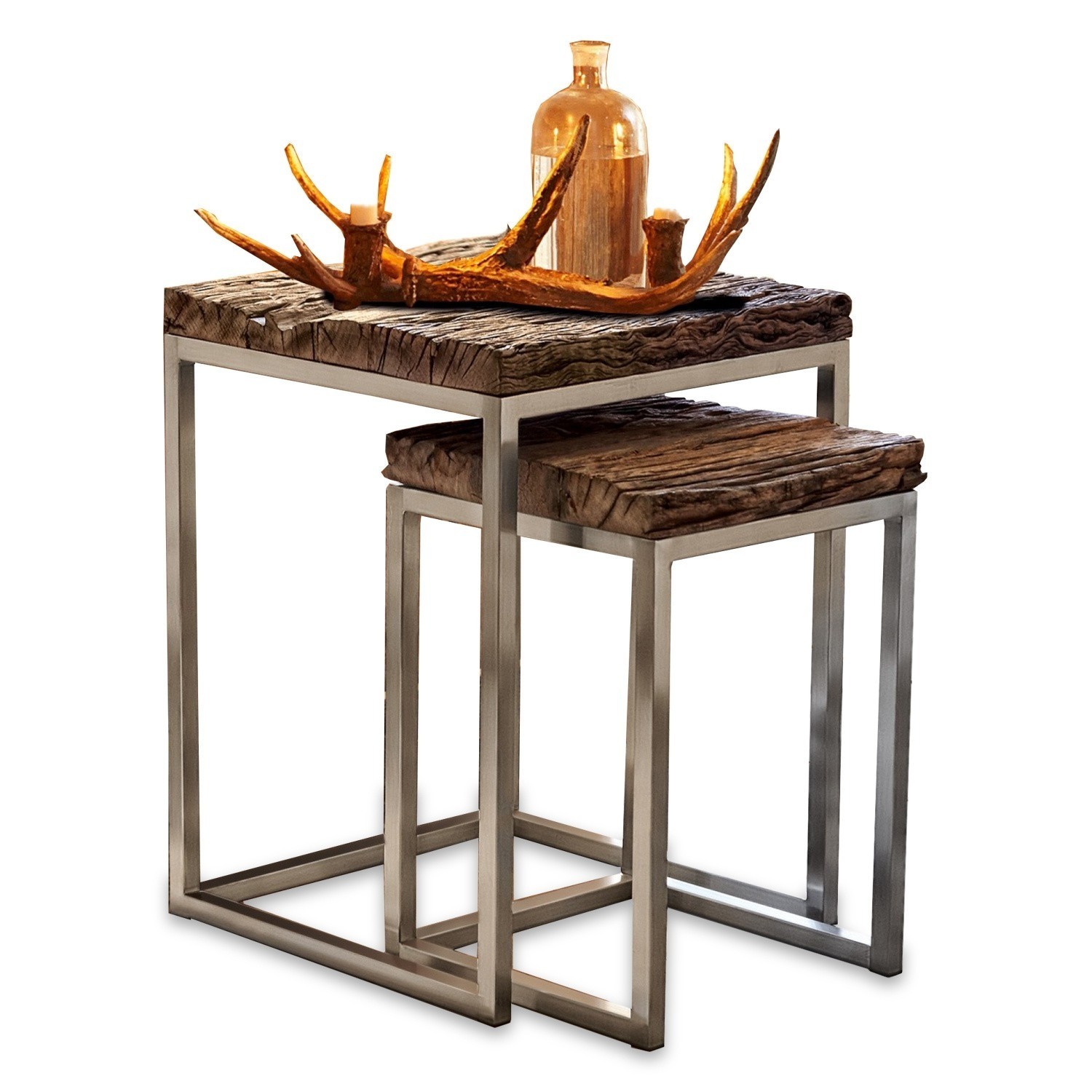 Beistelltisch 2er Set Corbyn Zweier-Set Tische mit dunkler Holzplatte und Metallgestell, modernes Design für das Wohnzimmer
