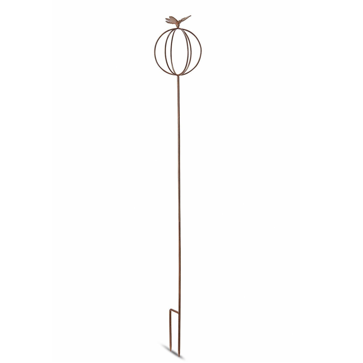 Gartenstab Libelle Gartendekoration aus rostigem Metall mit kugelförmiger Verzierung und Vogel oben drauf