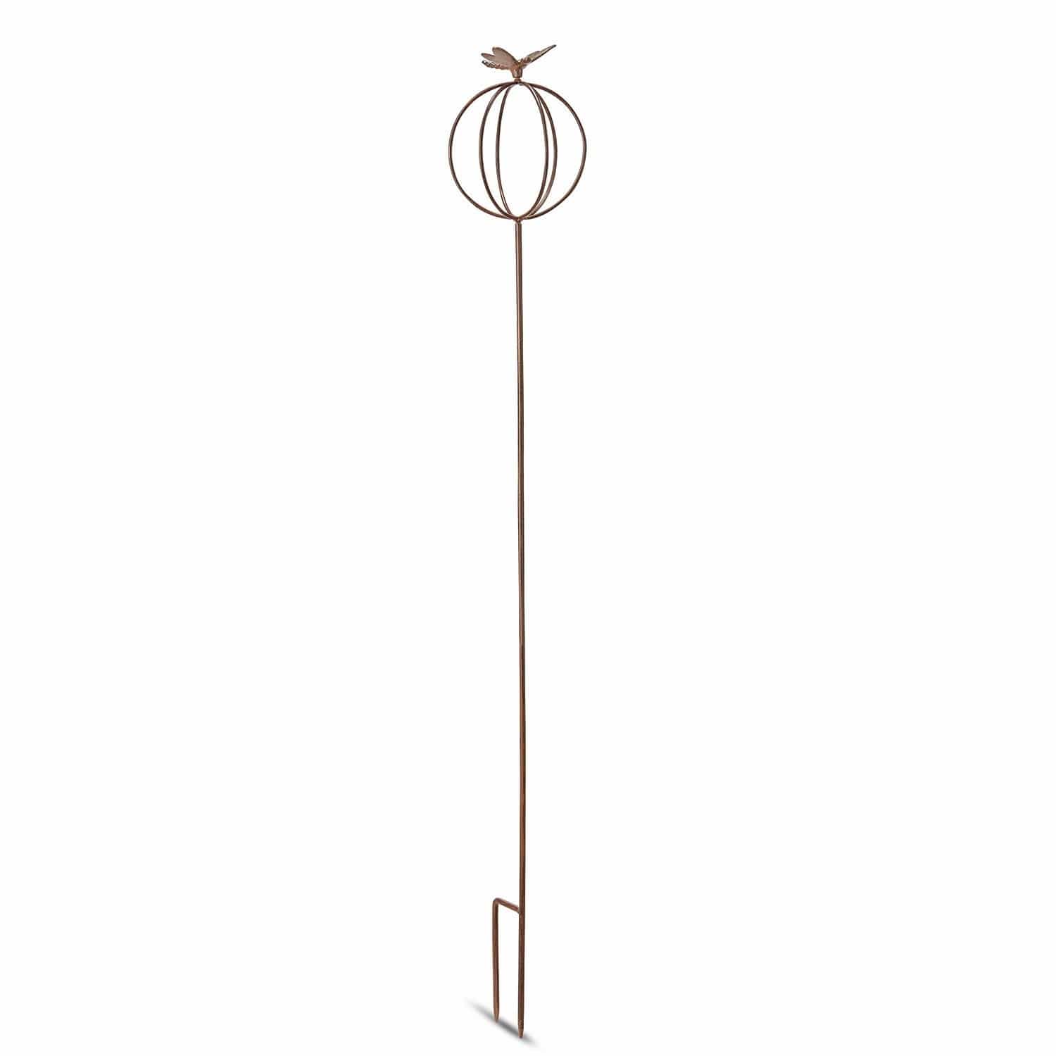 Gartenstab Libelle Gartendekoration aus rostigem Metall mit kugelförmiger Verzierung und Vogel oben drauf