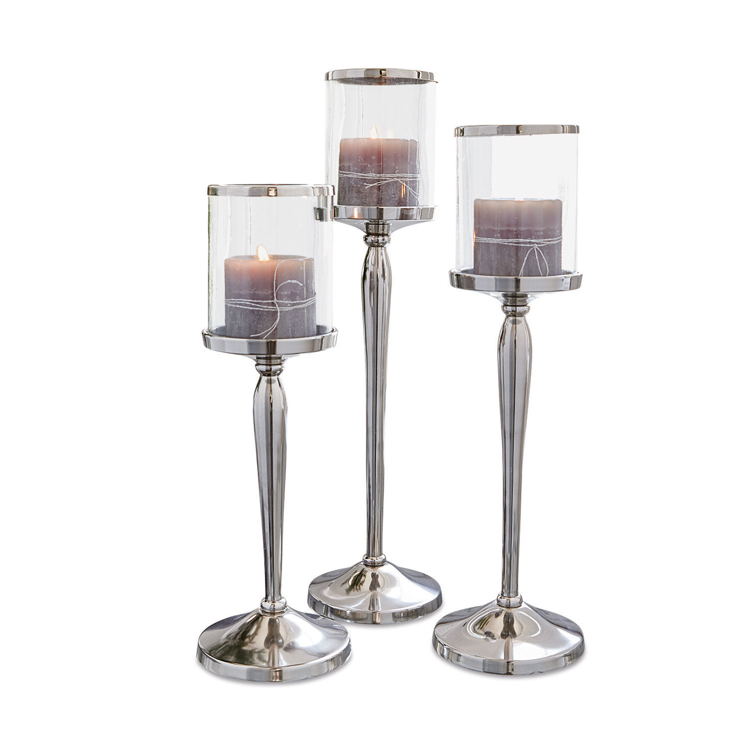 Kerzenständer 3er Set Serres Set aus drei silbernen Kerzenhaltern aus Glas und Metall mit grauen Dekokerzen