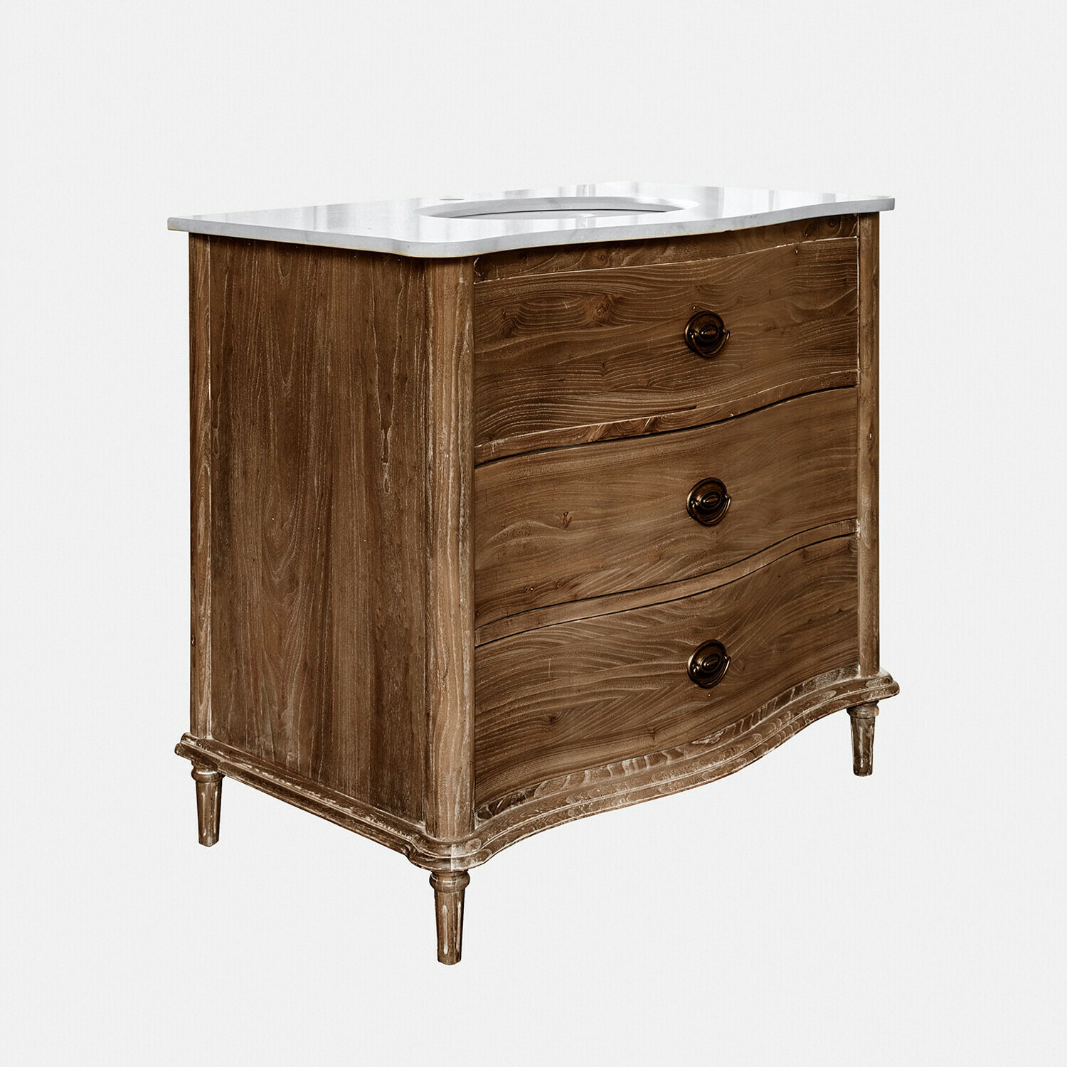 Waschtisch Joravelle Holzkommode mit drei Schubladen und weisser Marmorplatte, elegantes Wohnzimmermöbel
