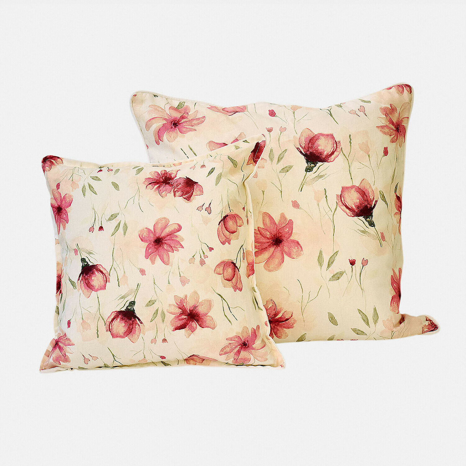 Kissenhülle 2er Set Doravela Set mit zwei quadratischen Baumwollkissen in Creme mit rosa Blumenmuster zur Wohnraumgestaltung