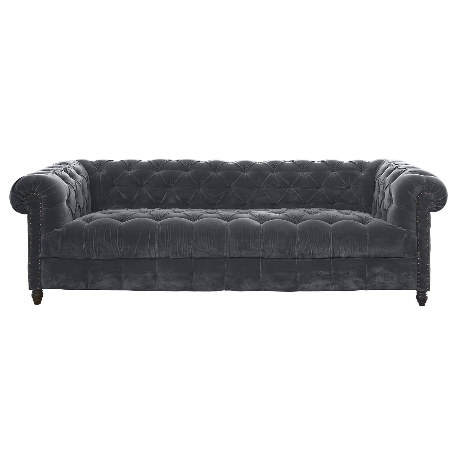Sofa Parpeville Graues Chesterfield-Samtsofa mit gesteppter Rückenlehne und Holzbeinen, elegantes Wohnzimmermöbel