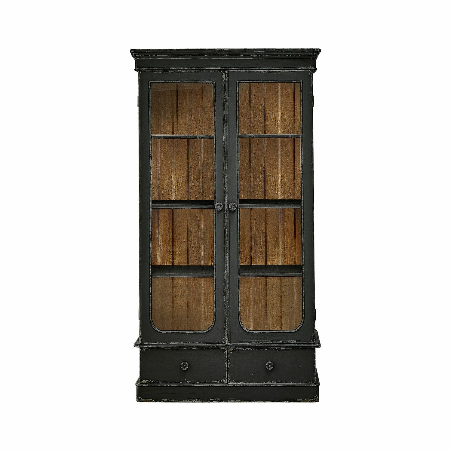 Antikschwarzer Holzschrank Cassanet mit Glastüren und Schubladen im Vintage-Stil