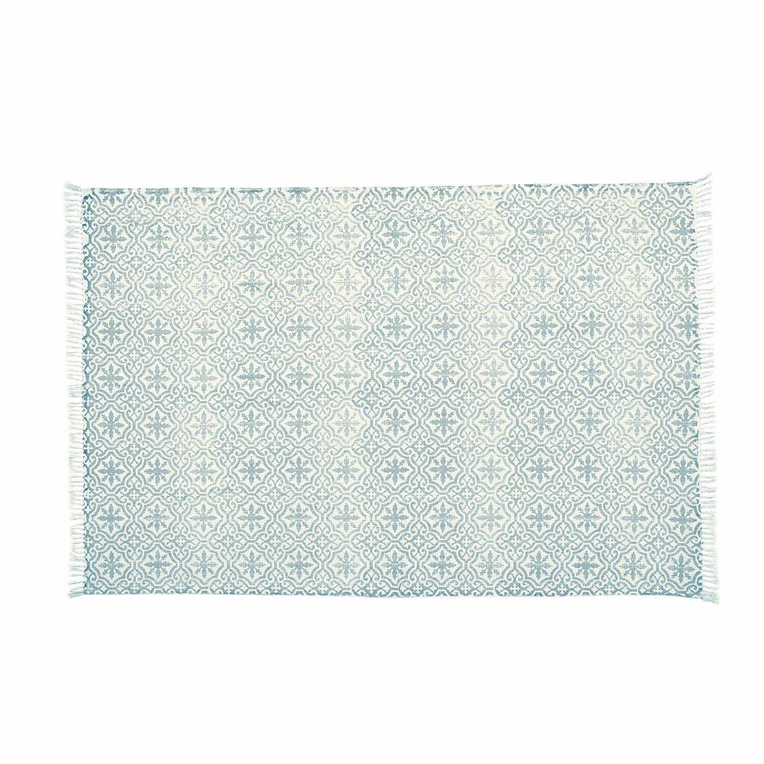 Baumwollteppich Parochie in Blau mit dekorativem Muster und Fransen, ideal fürs Wohnzimmer