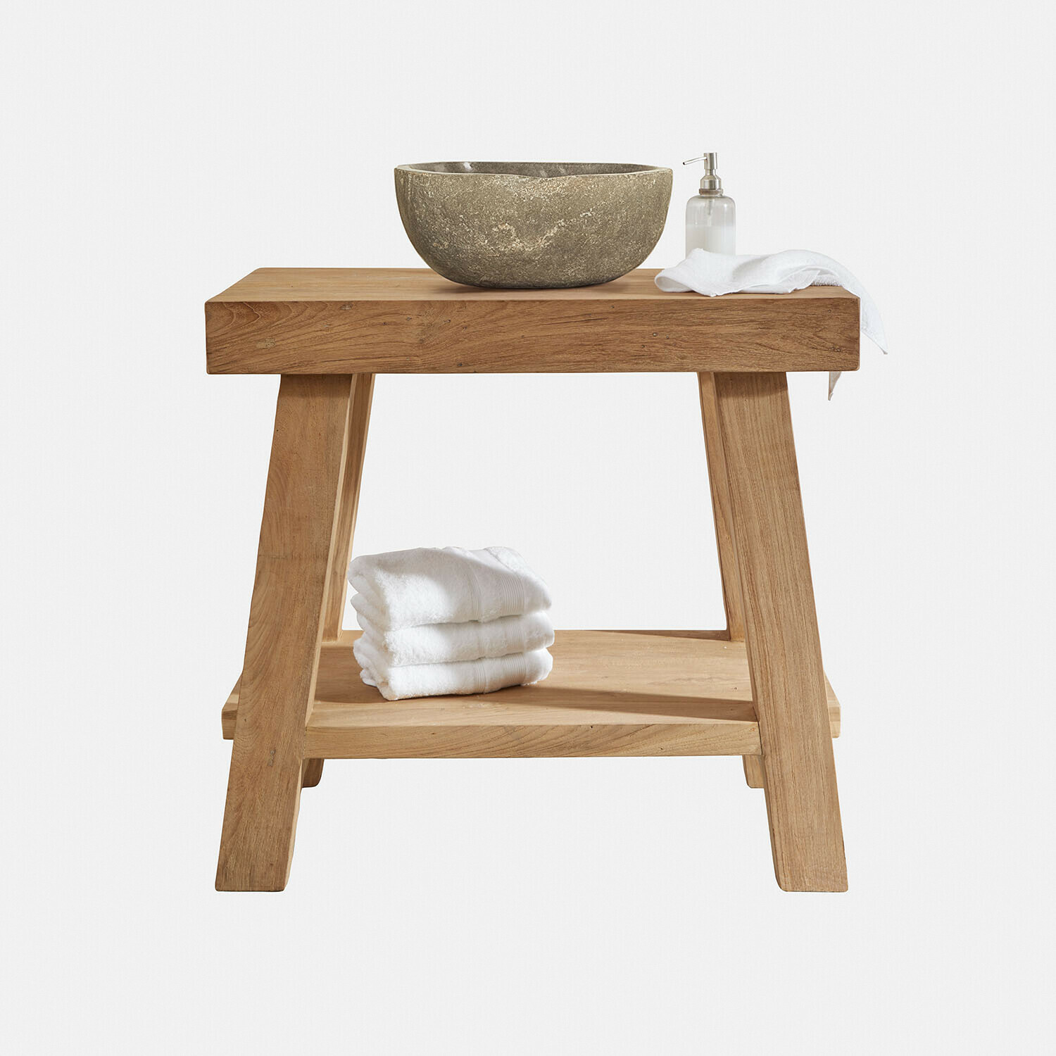 Waschtisch Aldmere Holz-Badezimmerbank mit steinerner Waschschale und weißen Handtüchern, natürlicher Stil